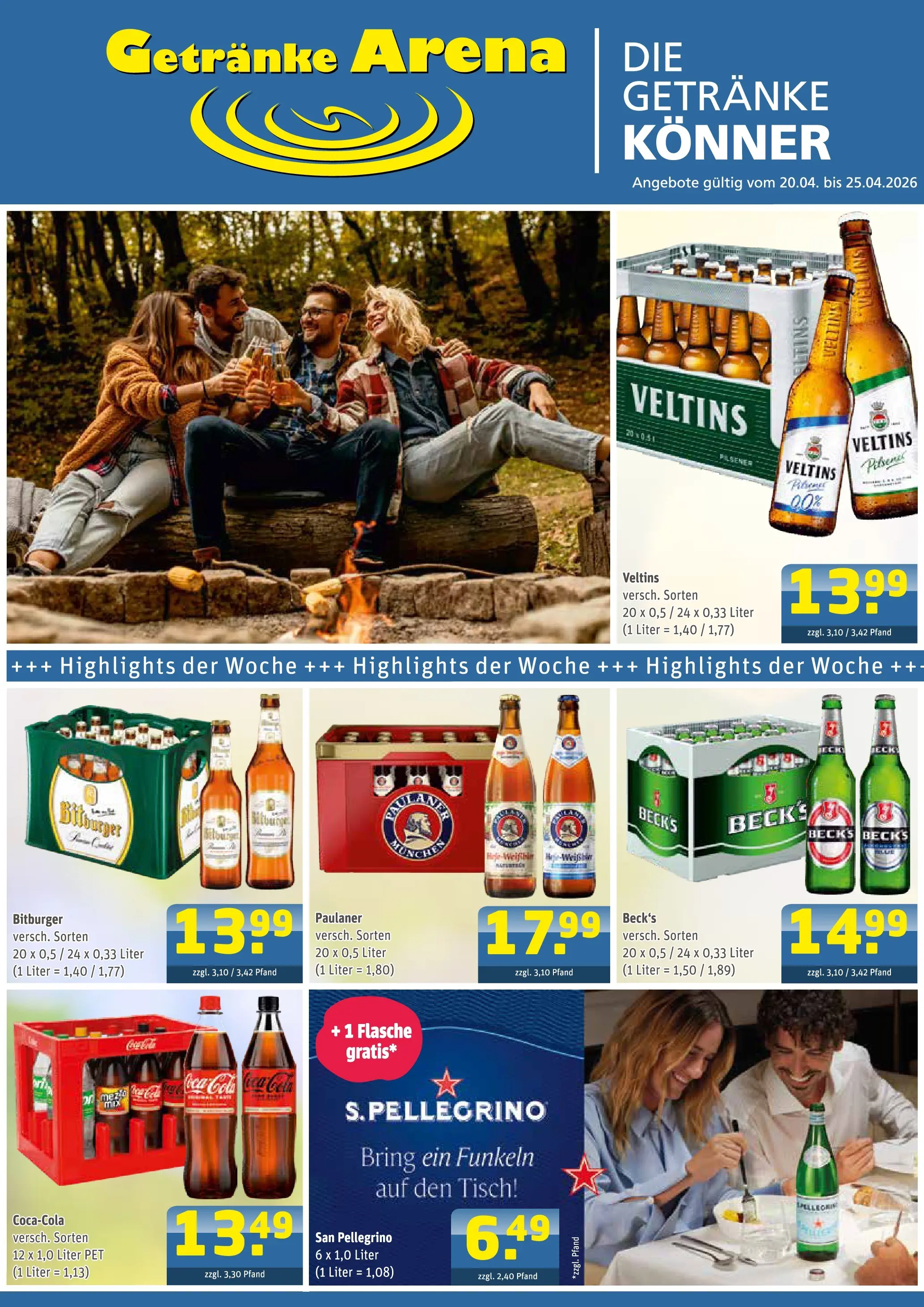 Angebote - Getränke Arena: Getränkeangebote (ab 19.04.2026) zum Blättern | Seite: 1 | Produkte: Bitburger, Tisch, Paulaner, Veltins