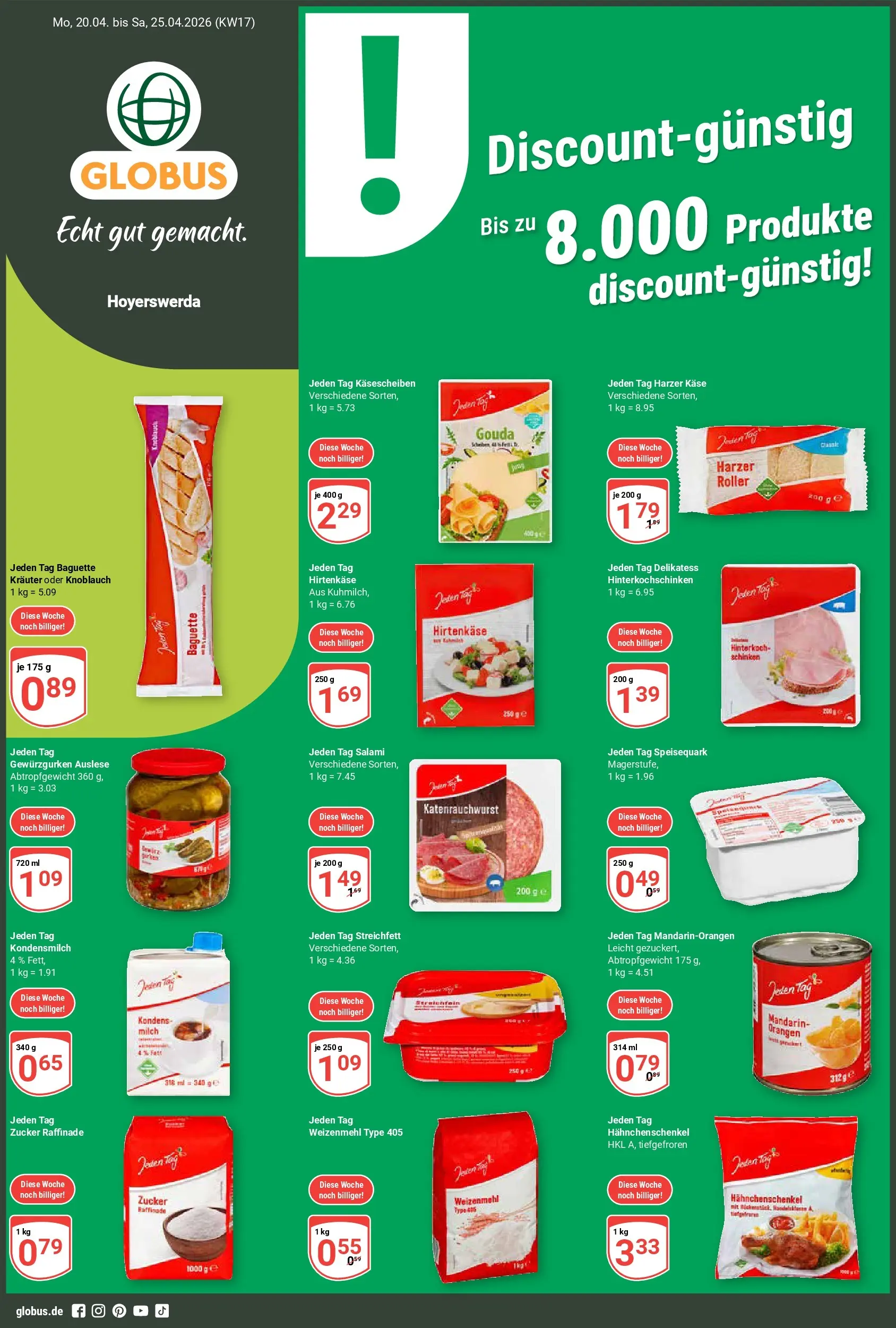 Globus Prospekt Hoyerswerda	 (ab 20.04.2026) » Angebote online | Seite: 1 | Produkte: Hahnchenschenkel, Milch, Käse, Schinken
