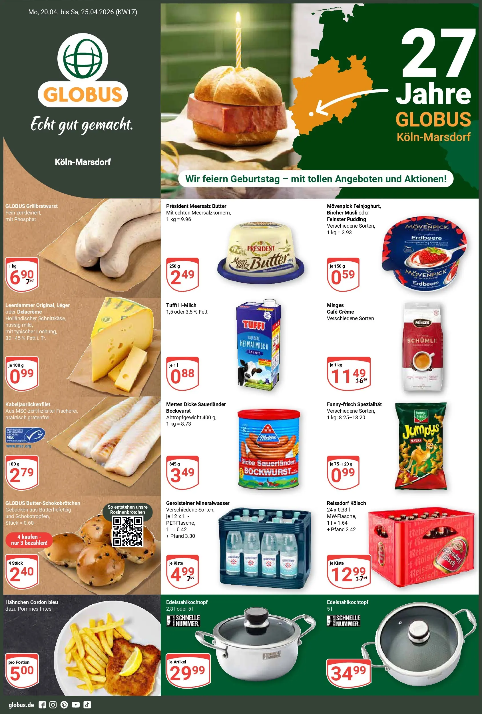 Globus Prospekt Köln	 (ab 20.04.2026) » Angebote online | Seite: 1 | Produkte: Bockwurst, Milch, Pudding, Leerdammer
