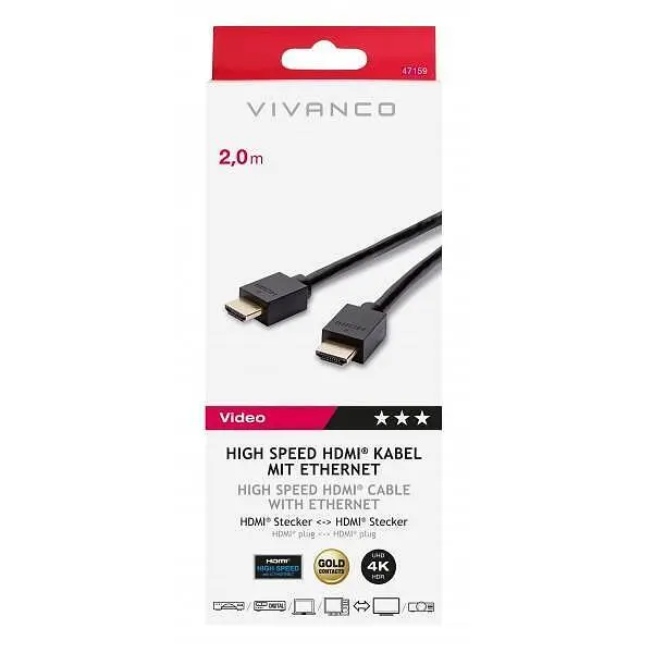 Кабел Vivanco 47159 High-speed HDMI позлатен, 4k HDR 2m