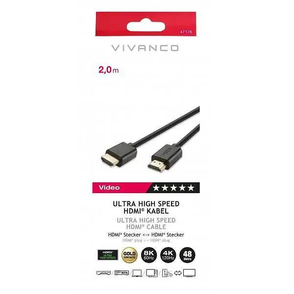 Кабел Vivanco 47176 Ultra High-speed HDMI позлатен, 8k HDR 2m