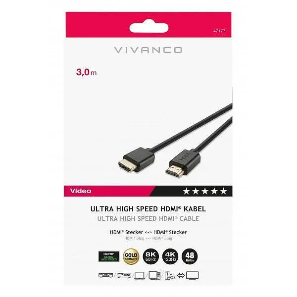 Кабел Vivanco 47177 Ultra High-speed HDMI позлатен, 8k HDR 3m