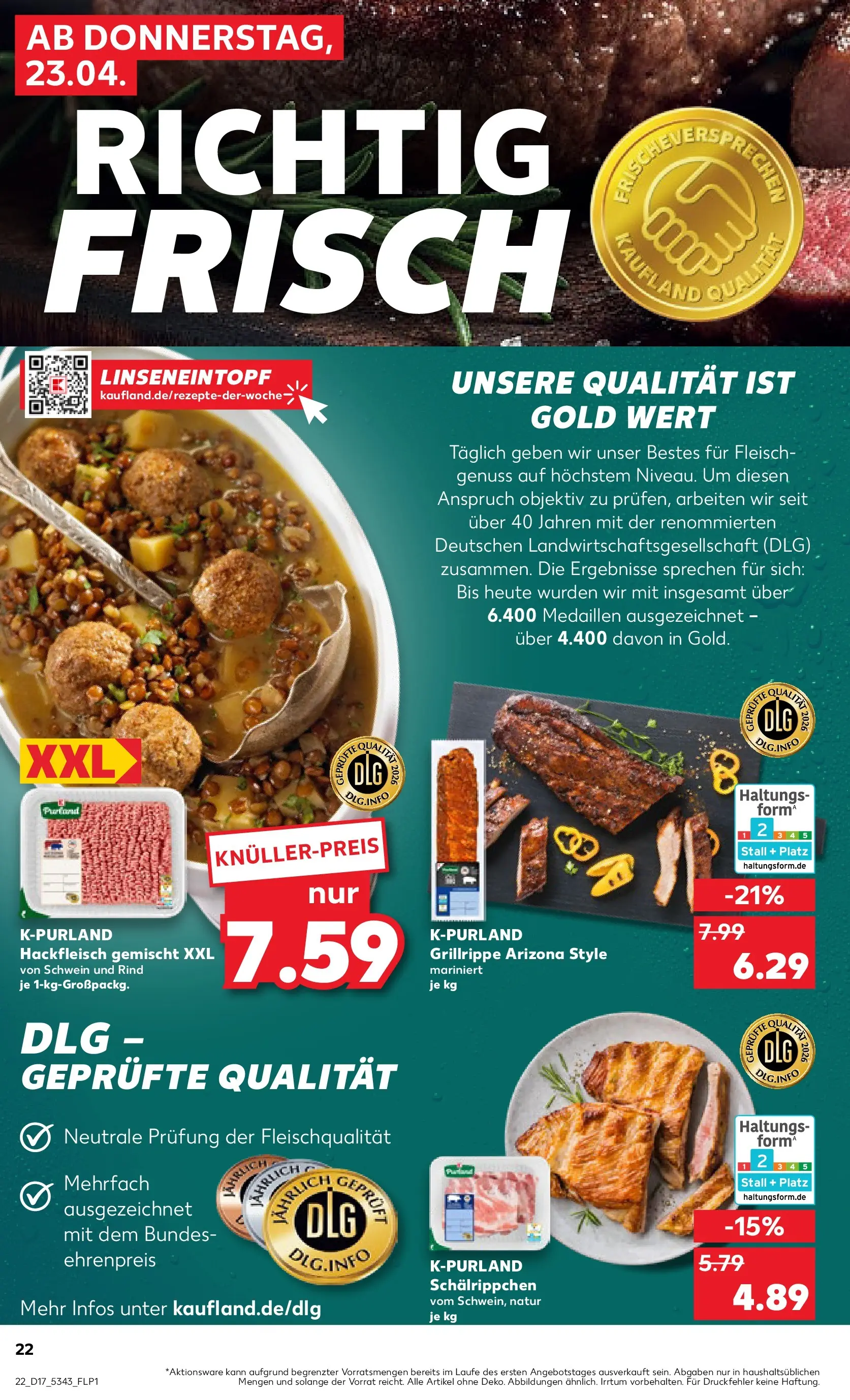 Prospekt Kaufland ab 22.04.2026 » Angebote Online zum Blättern | Seite: 22 | Produkte: Fleisch, Objektiv, Hackfleisch