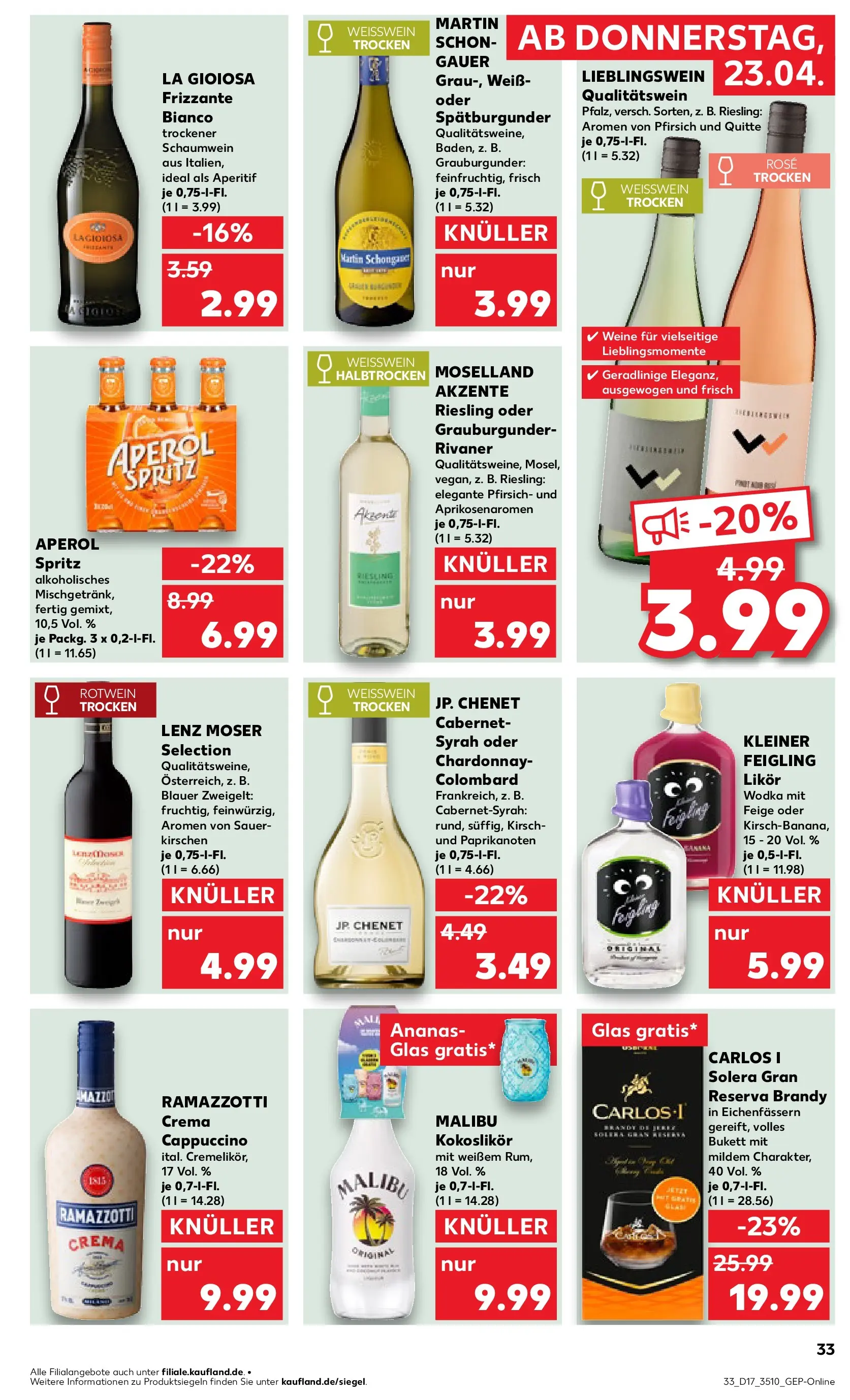 Prospekt Kaufland ab 22.04.2026 » Angebote Online zum Blättern | Seite: 33 | Produkte: Weißwein, Kleiner feigling, Ananas, Aperol