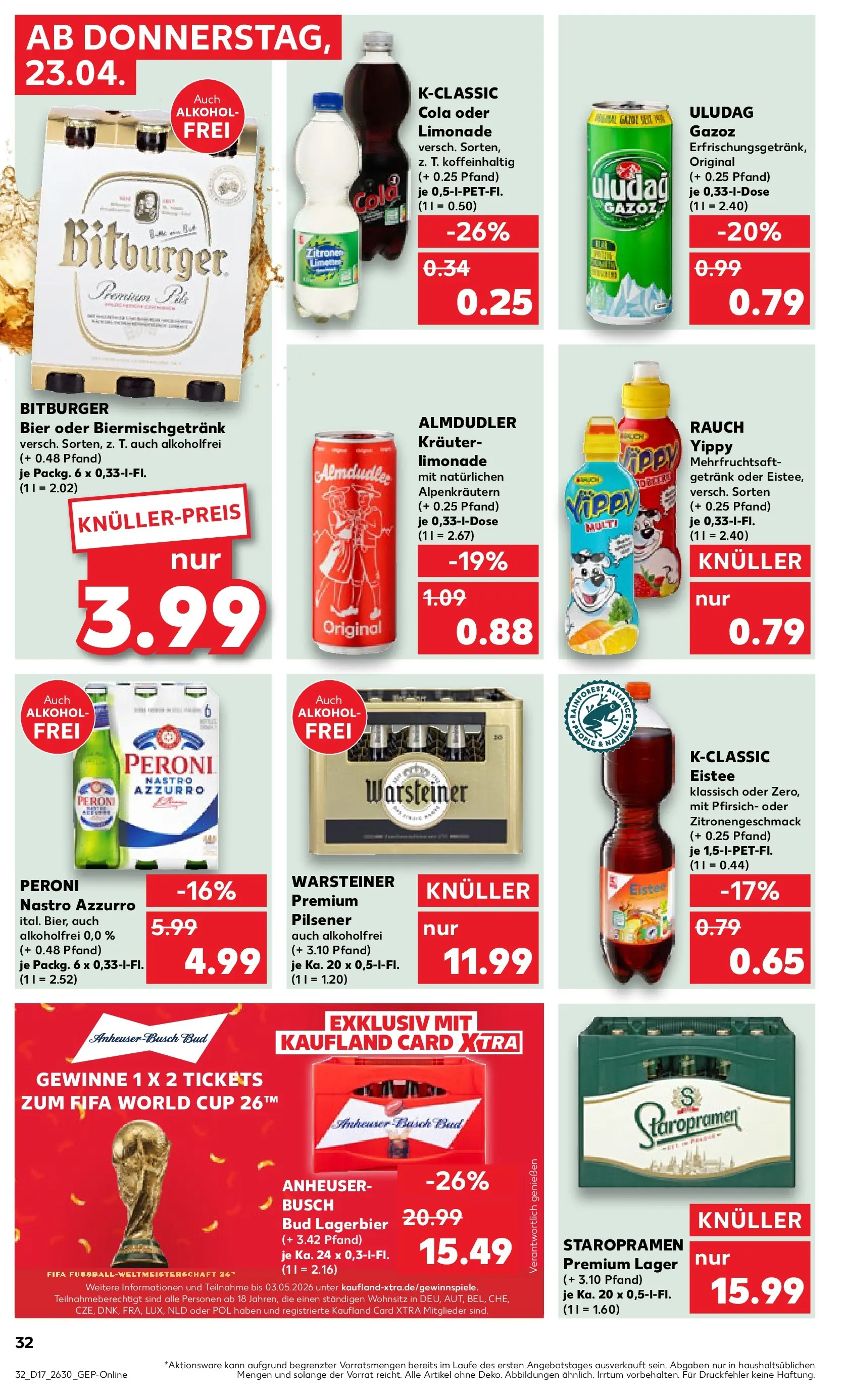 Prospekt Kaufland ab 22.04.2026 » Angebote Online zum Blättern | Seite: 32 | Produkte: Bitburger, Limonade, Warsteiner, Pfirsich