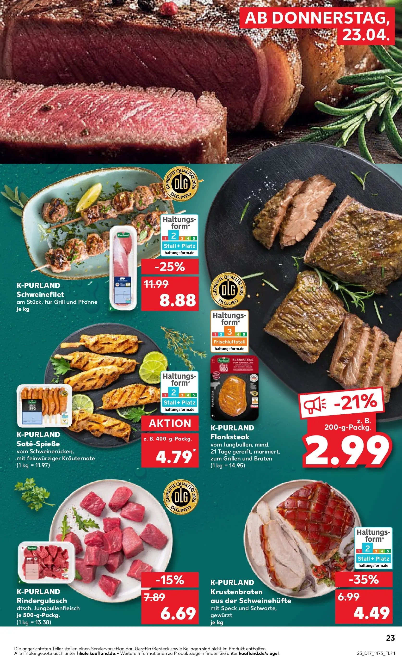 Prospekt Kaufland ab 22.04.2026 » Angebote Online zum Blättern | Seite: 23 | Produkte: Rindergulasch, Schweinefilet, Schweinerucken, Steak