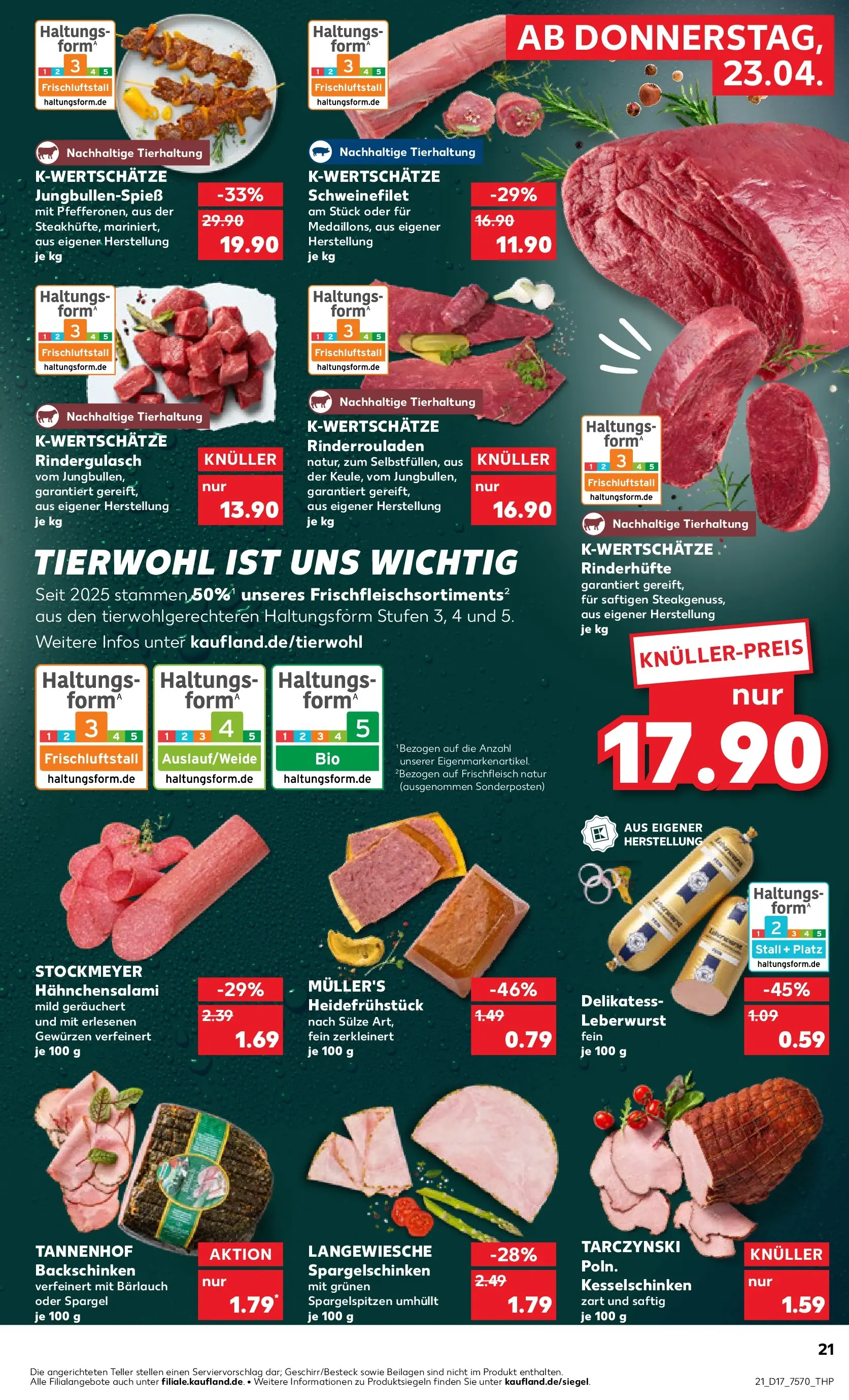 Prospekt Kaufland ab 22.04.2026 » Angebote Online zum Blättern | Seite: 21 | Produkte: Rinderrouladen, Spargel, Schweinefilet, Salami