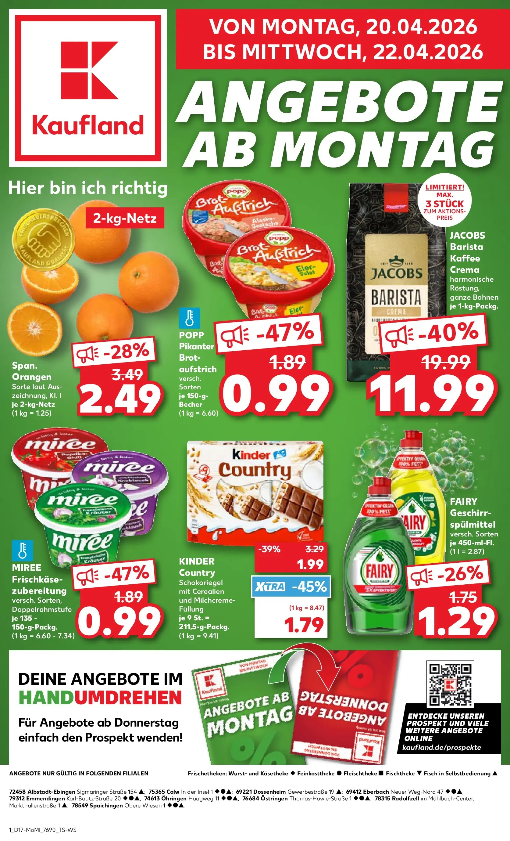 Prospekt Kaufland ab 20.04.2026 » Angebote Online zum Blättern | Seite: 1 | Produkte: Orangen, Brot, Frischkase, Kinder country