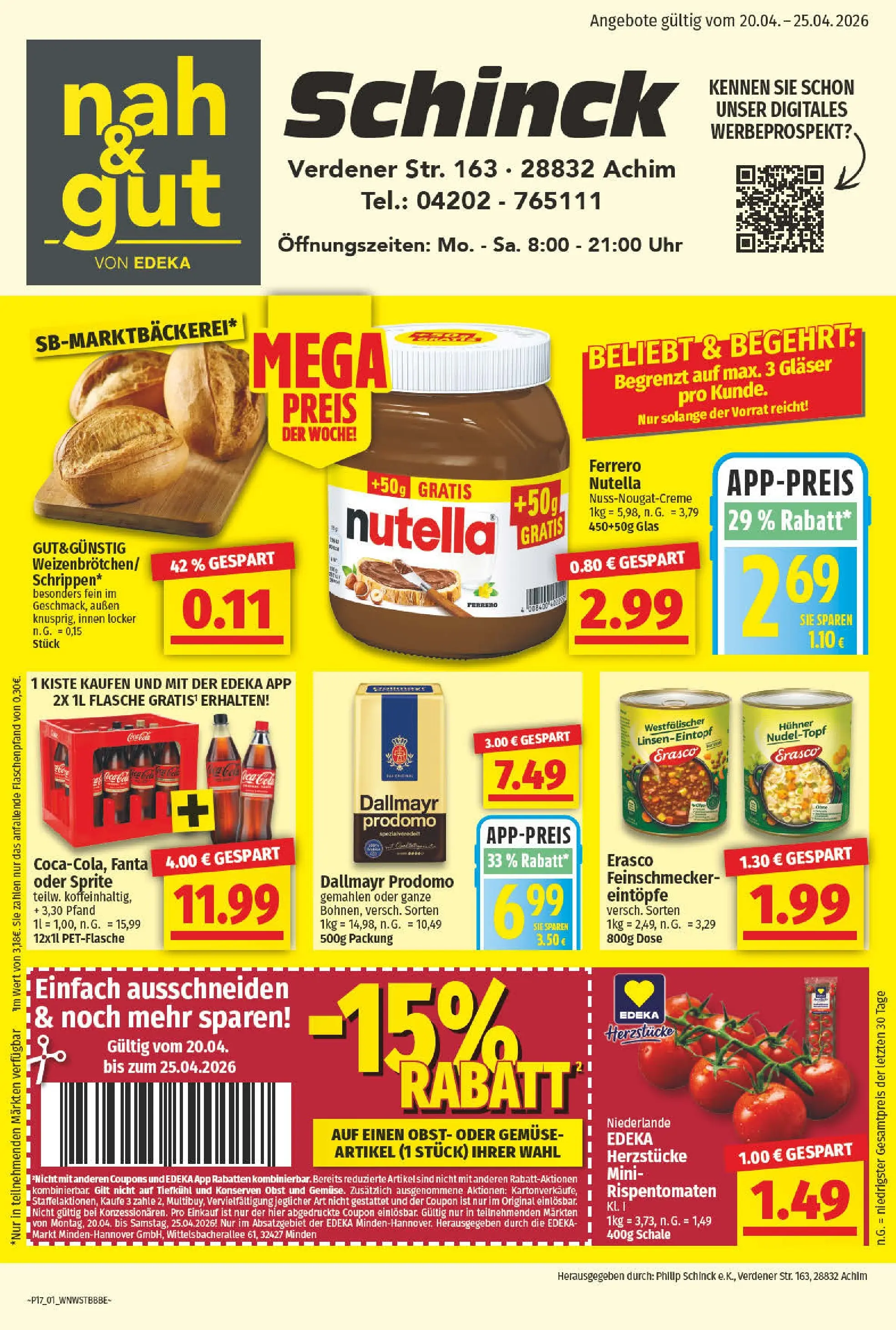 Angebote - nah & gut: Wochenangebote (ab 19.04.2026) zum Blättern | Seite: 1 | Produkte: Obst, Dallmayr prodomo, Erasco, Uhr