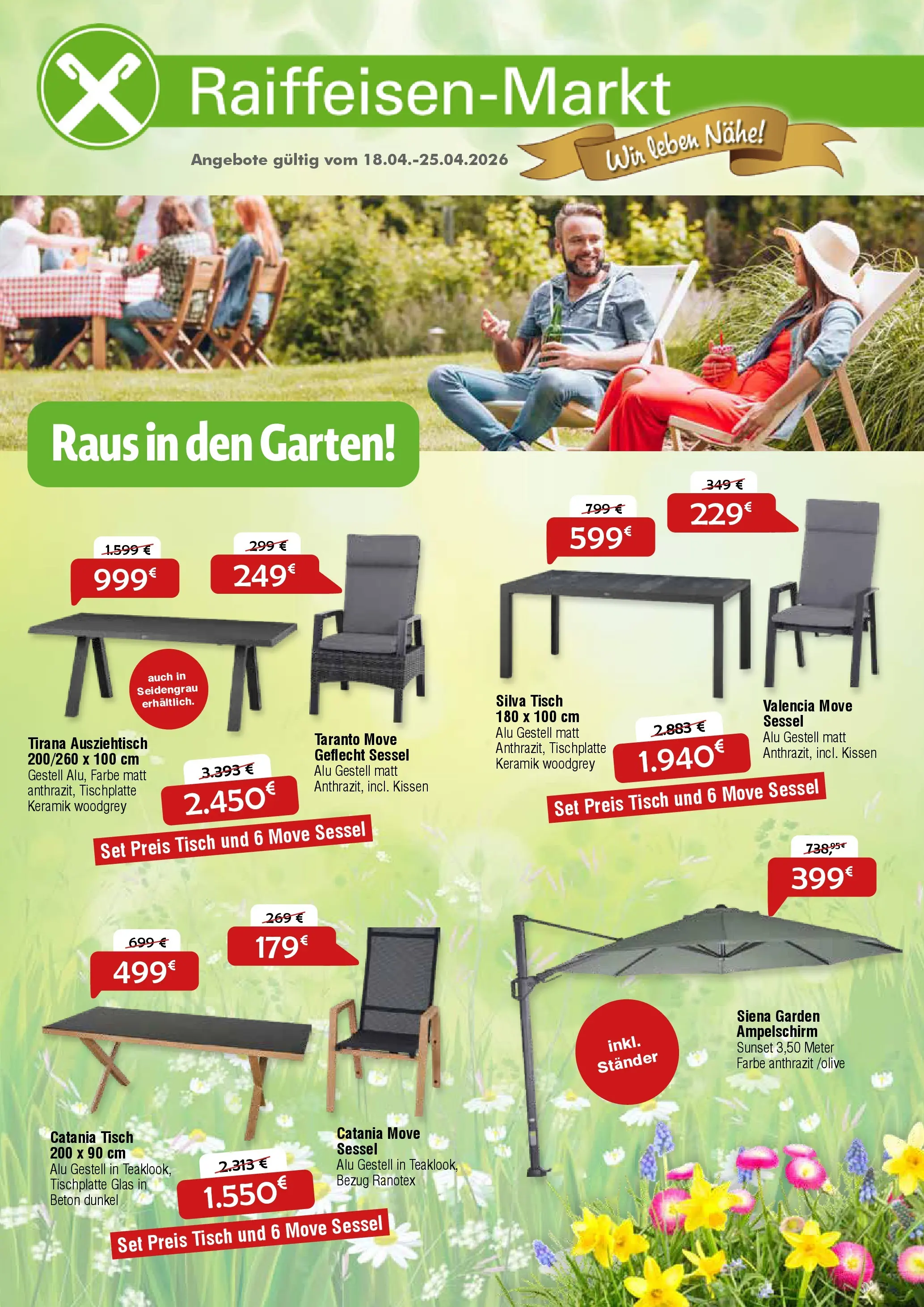 Angebote - Raiffeisen Markt Olfen - Raus in den Garten (18-25.04) (ab 17.04.2026) zum Blättern | Seite: 1 | Produkte: Kissen, Sessel, Tisch