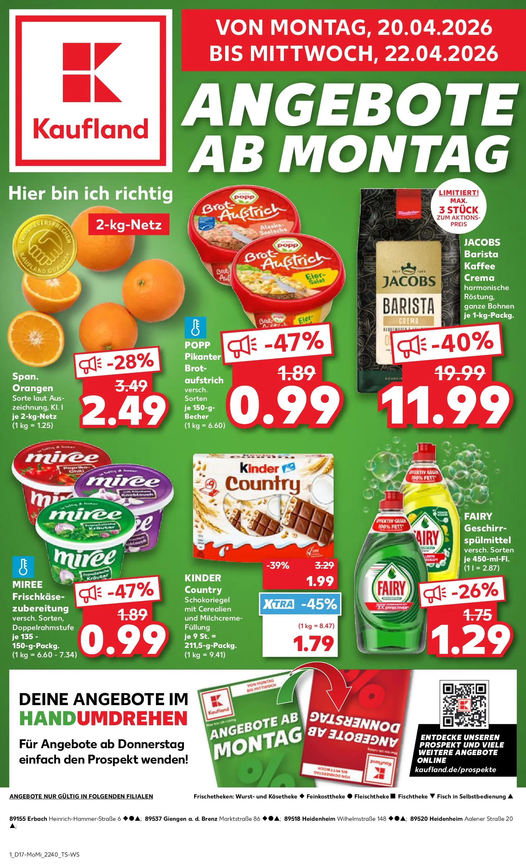 Prospekt Kaufland ab 20.04.2026 » Angebote Online zum Blättern | Seite: 1 | Produkte: Fisch, Geschirrspülmittel, Frischkase, Kinder country