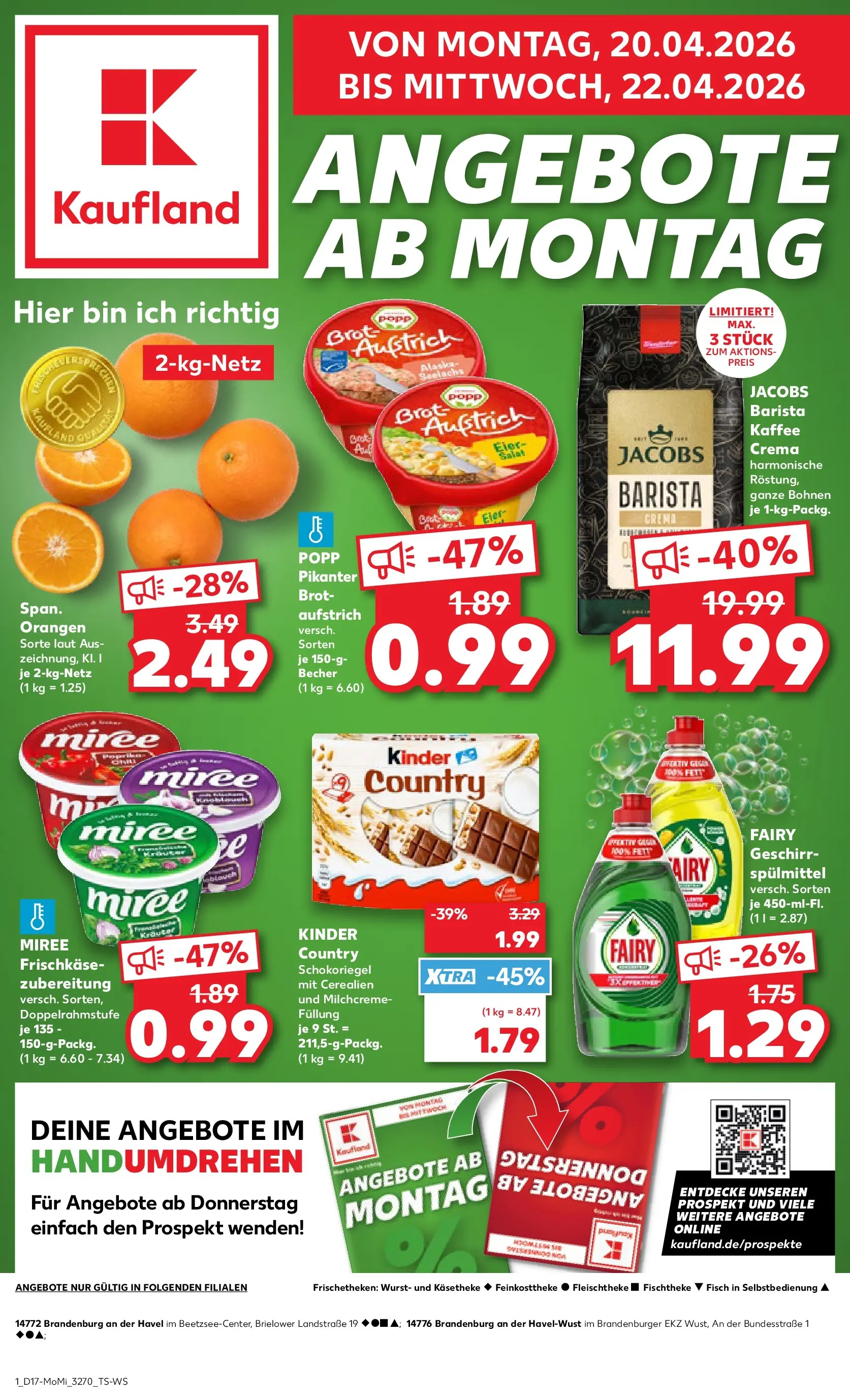 Prospekt Kaufland ab 20.04.2026 » Angebote Online zum Blättern | Seite: 1 | Produkte: Kaffee, Orangen, Brot, Kinder country