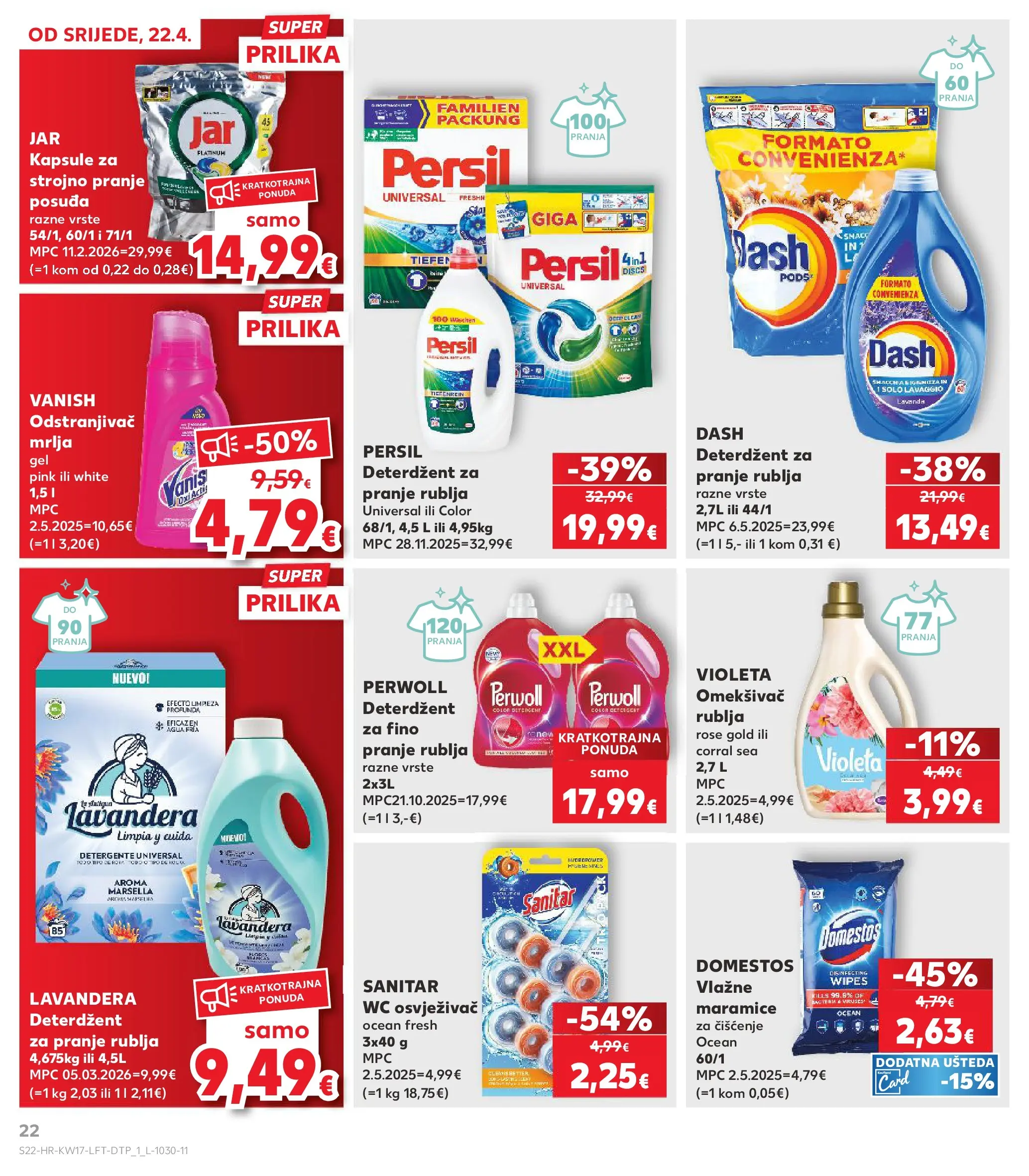 Kaufland - Kaufland katalog do 28.04.2026 novi od 21.04.2026 na listanje > letak digitalni | Stranica: 22 | Proizvodi: Vlažne maramice, Deterdžent za pranje rublja, Domestos, Jar