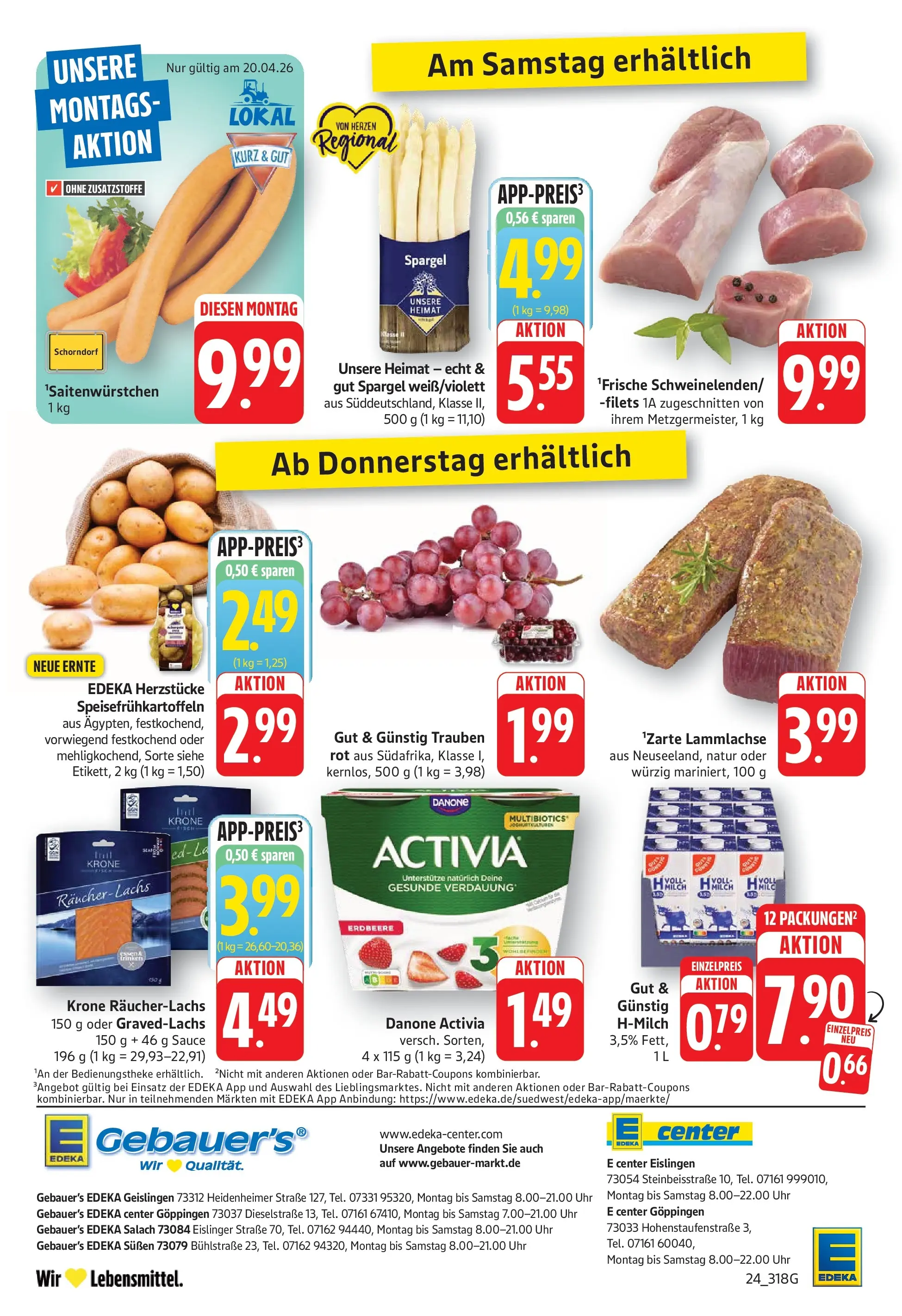 E center Prospekt Eislingen	 (ab 20.04.2026) zum Blättern | Seite: 24 | Produkte: Activia, Trauben, Räucherlachs, Uhr