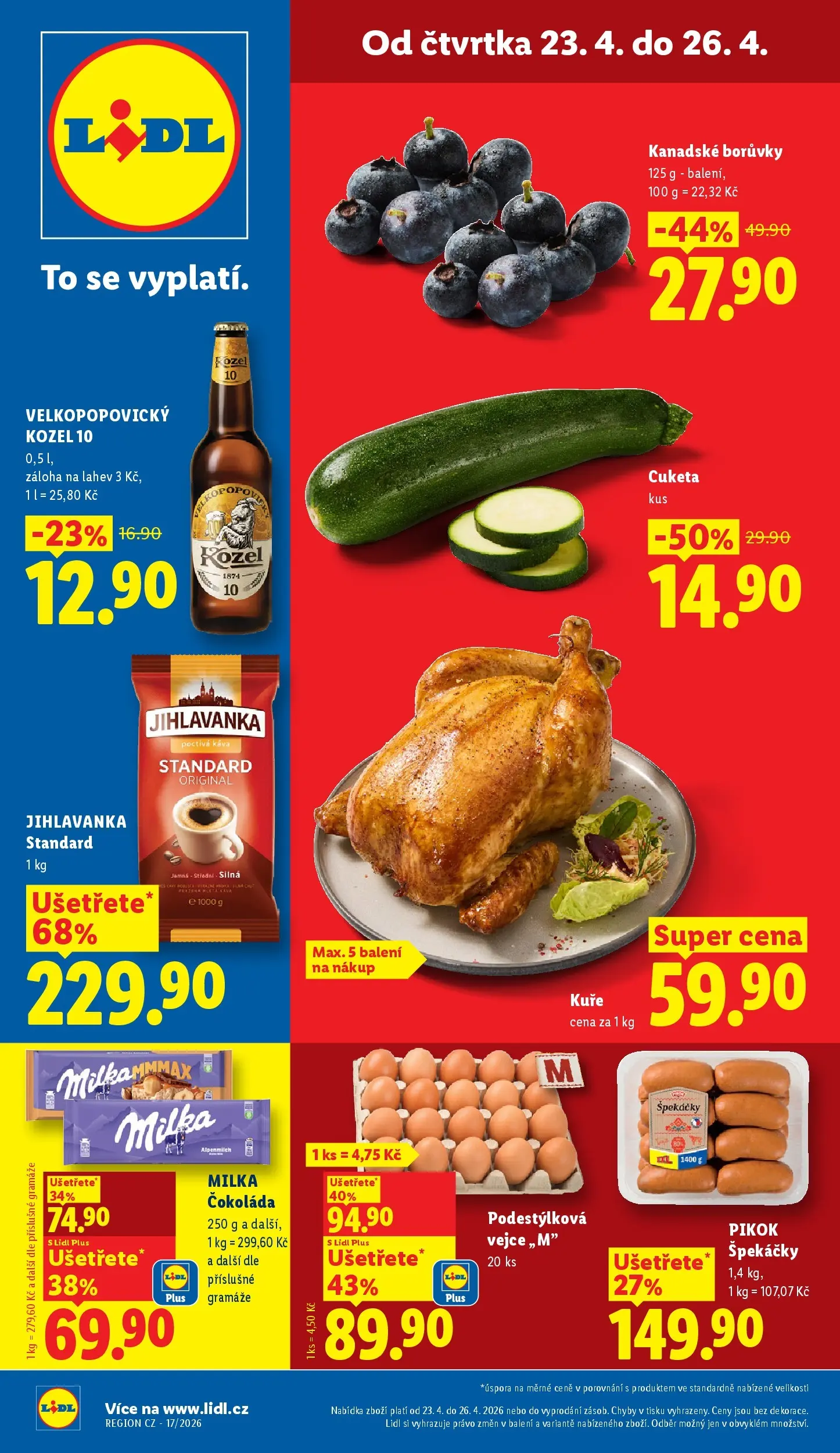 Lidl leták od 22.04.2026 - Nový akční leták | Strana: 1 | Produkty: Čokoláda milka, Vejce, Milka, Velkopopovický Kozel 10