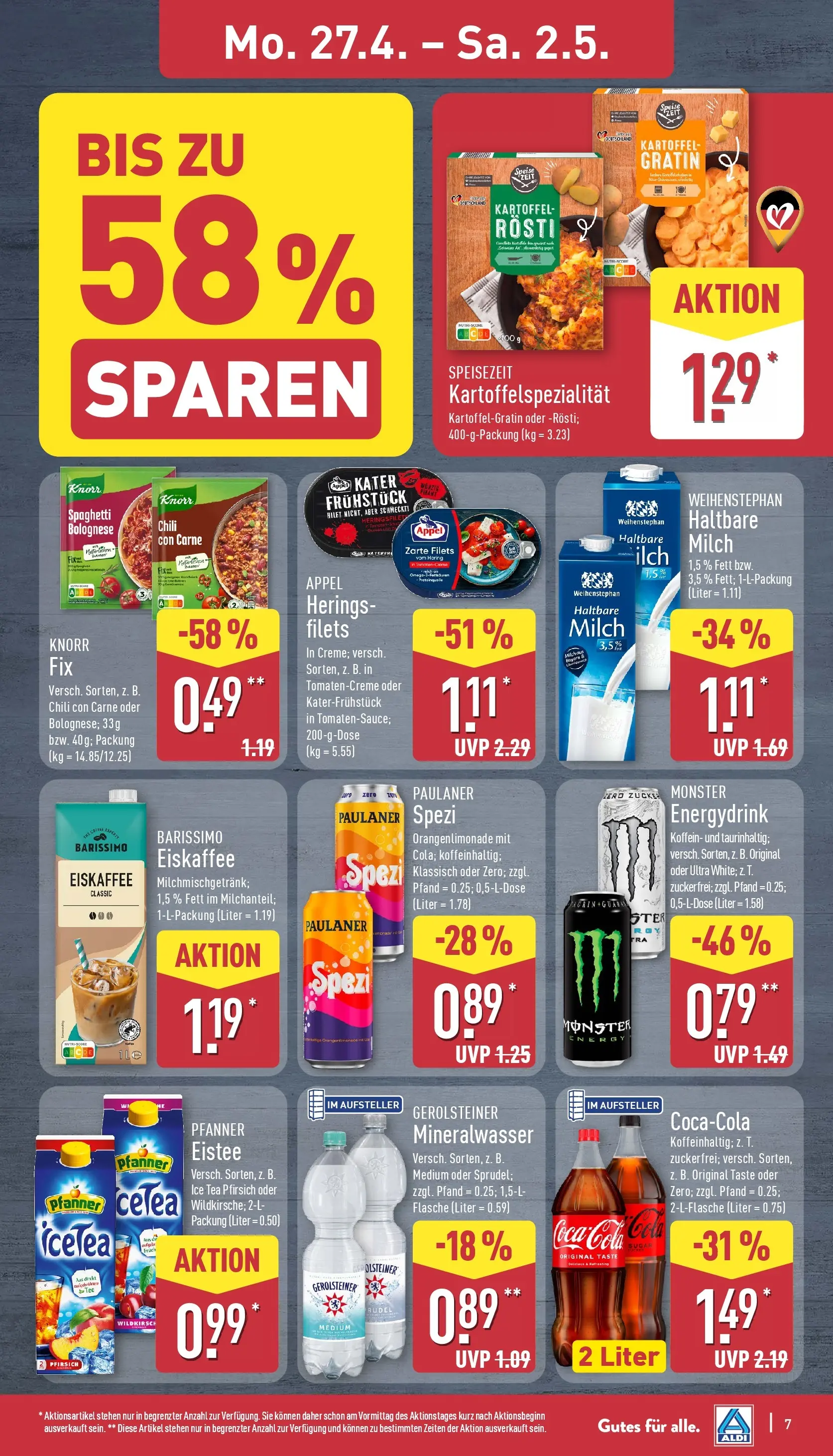 Aldi Wochenangebote (ab 27.04.2026) » Angebote Online | Seite: 7 | Produkte: Cola, Milch, Paulaner spezi, Chili