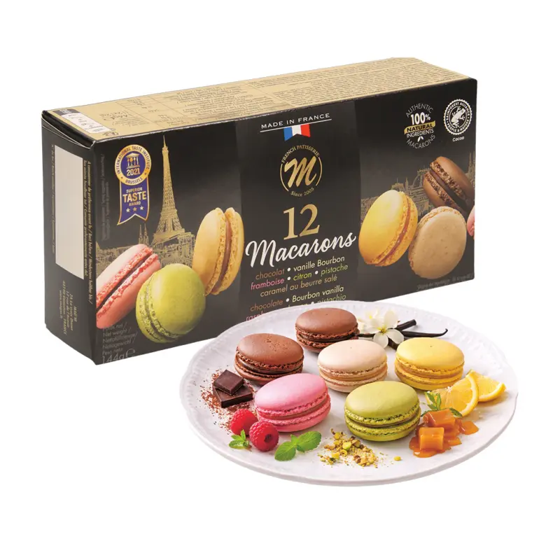 12 Macarons - Tiefgefroren (Schokolade, Vanille, Himbeer, Zitrone, Karamell, Pistazie)