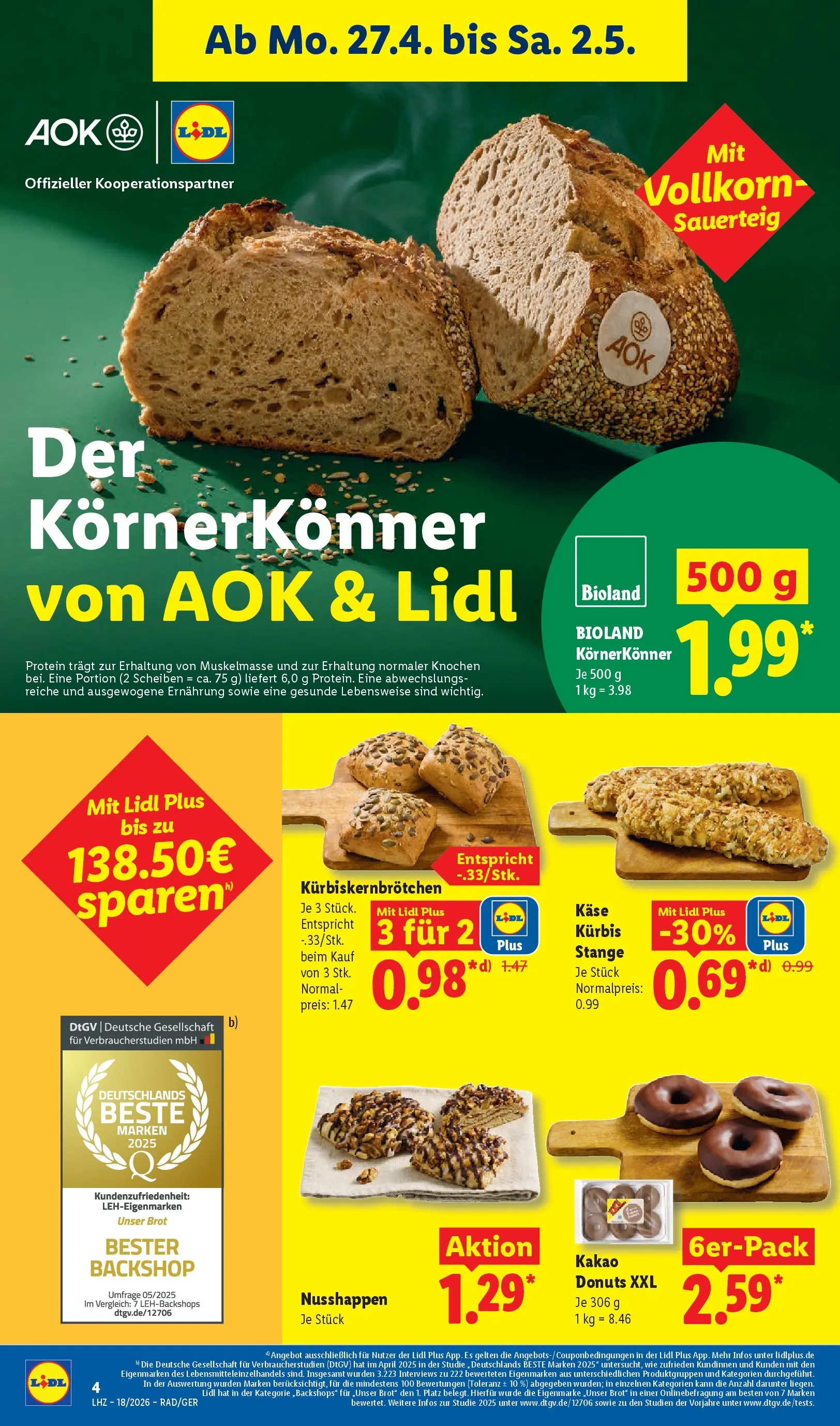 Lidl Prospekt Senftenberg (ab 27.04.2026) zum Blättern » Angebote | Seite: 10 | Produkte: Käse, Donuts, Kürbis, Brot