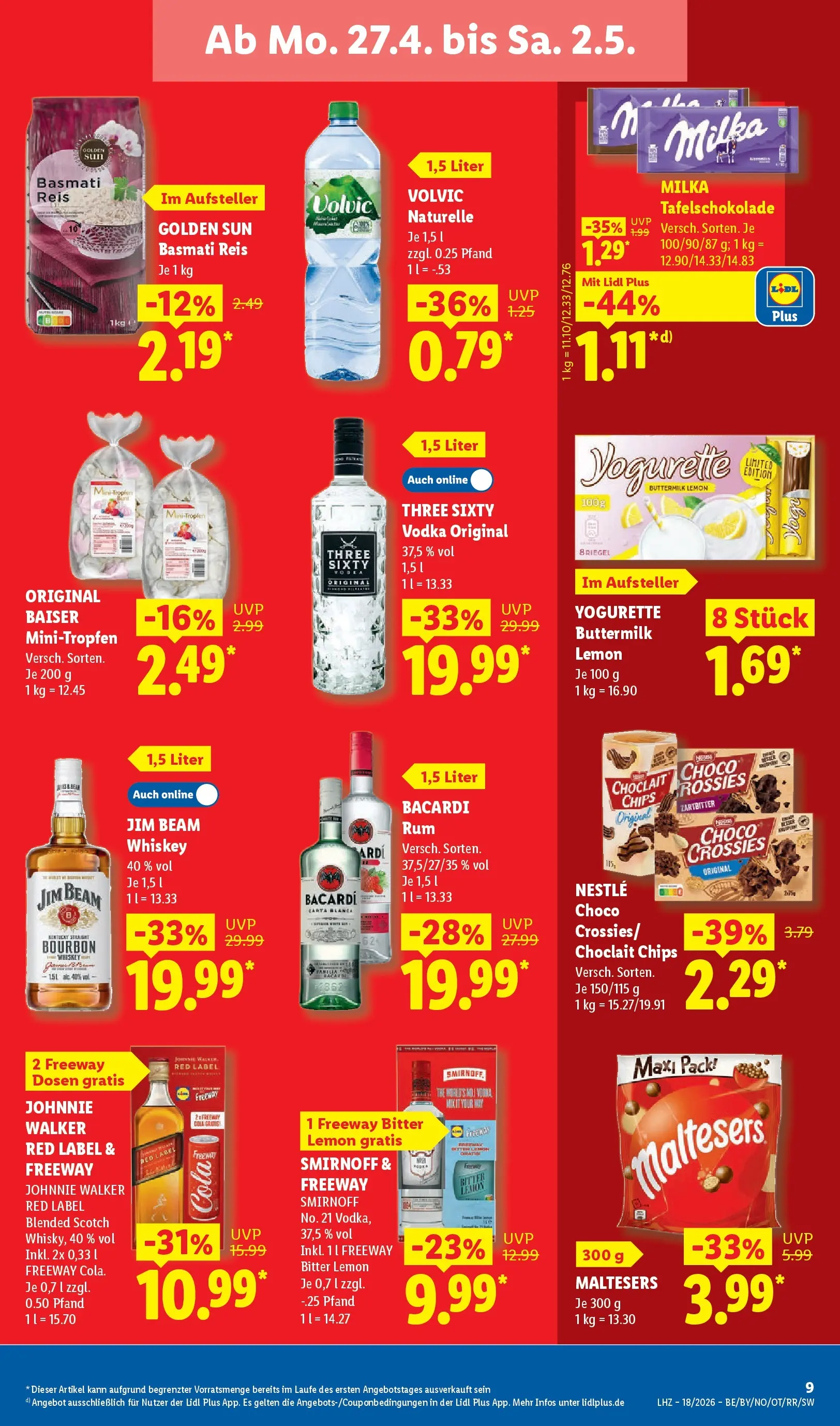 Lidl Prospekt Bergisch Gladbach (ab 27.04.2026) zum Blättern » Angebote | Seite: 17 | Produkte: Smirnoff, Vodka, Bourbon, Chips