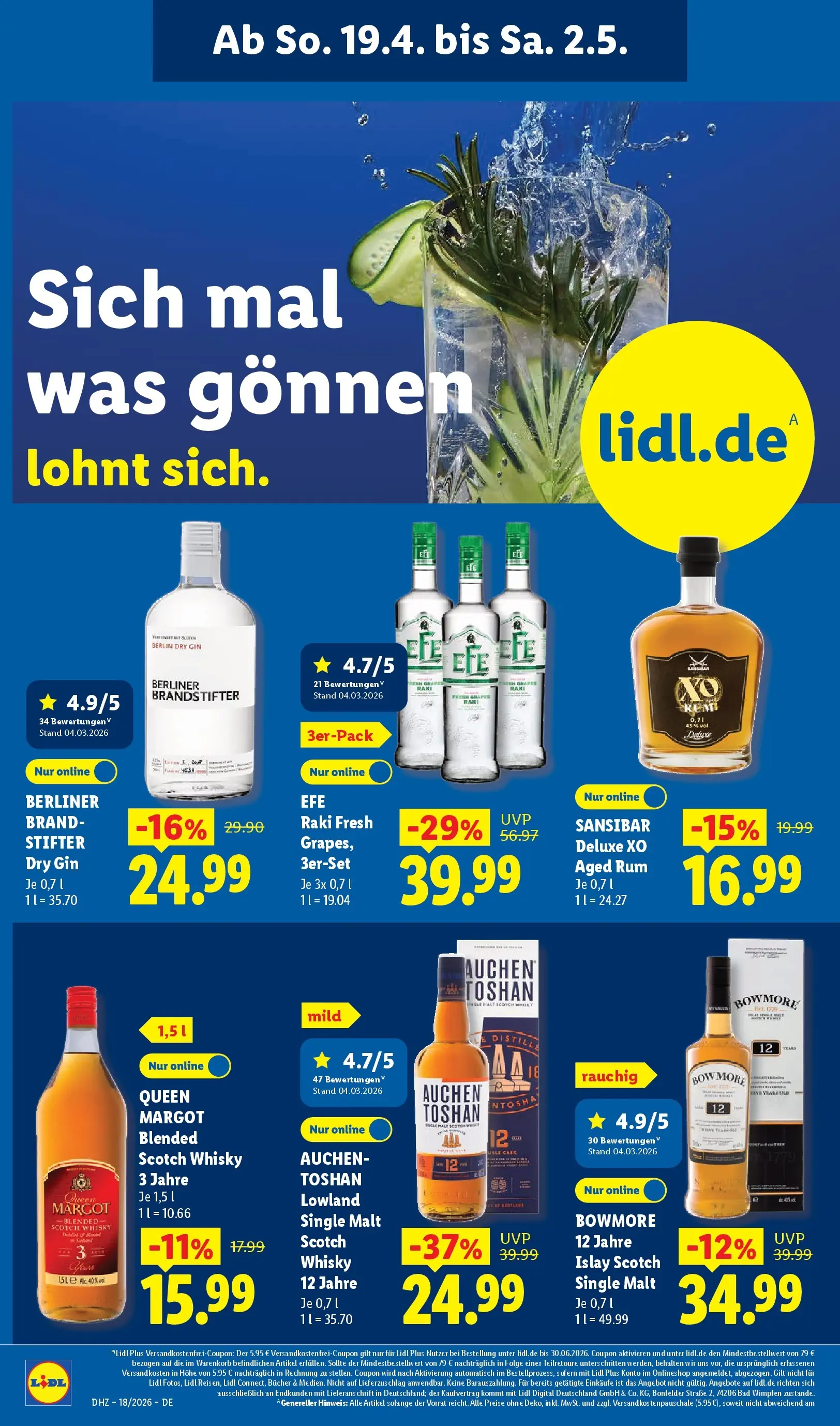 Lidl Prospekt Bergisch Gladbach (ab 27.04.2026) zum Blättern » Angebote | Seite: 26 | Produkte: Whisky, Rum, Bad, Gin