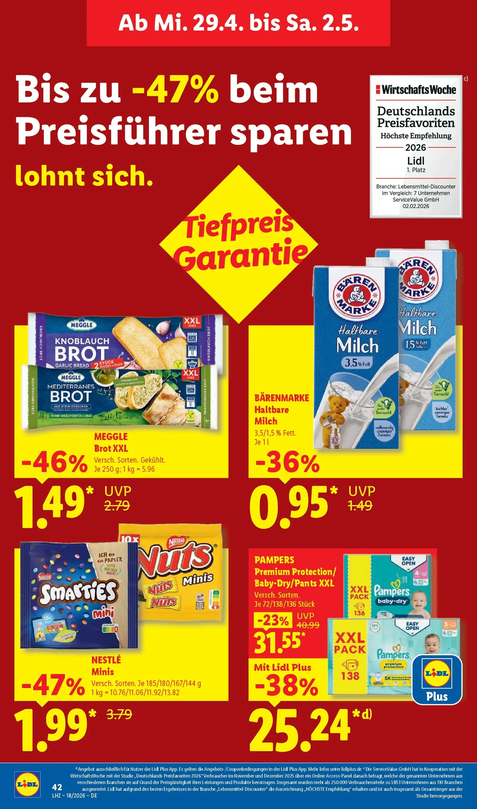 Lidl Prospekt Bergisch Gladbach (ab 27.04.2026) zum Blättern » Angebote | Seite: 62 | Produkte: Milch, Haltbare milch, Smarties, Pampers
