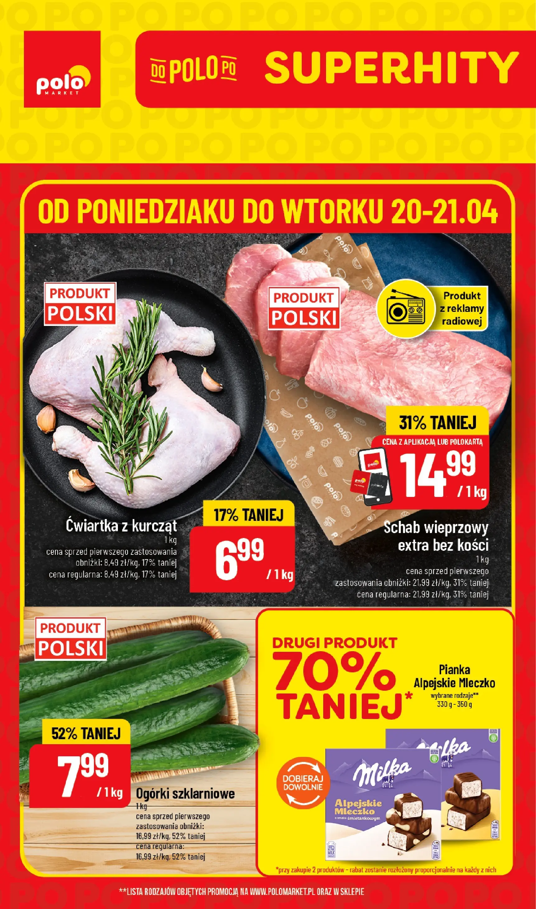 Nowa POLOmarket gazetka od jutra 20.04.2026 | Strona: 1 | Produkty: Schab, Schab wieprzowy, Milka, Ogórki