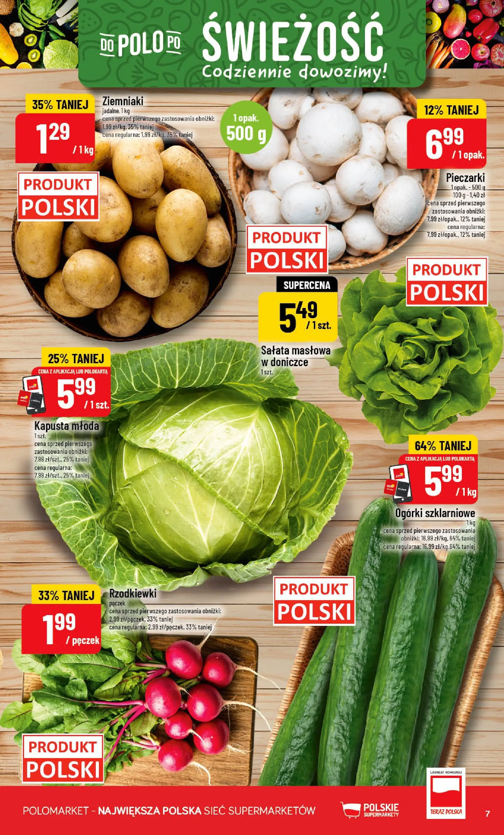 Nowa POLOmarket gazetka od jutra 22.04.2026 | Strona: 7 | Produkty: Kapusta, Pieczarki, Ogórki, Ziemniaki