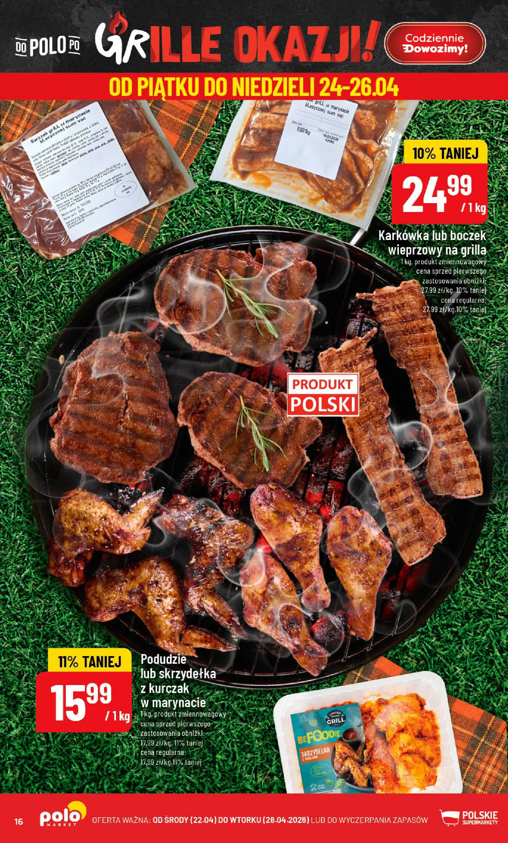 Nowa POLOmarket gazetka od jutra 22.04.2026 | Strona: 16 | Produkty: Karkówka, Boczek wieprzowy, Grill, Boczek
