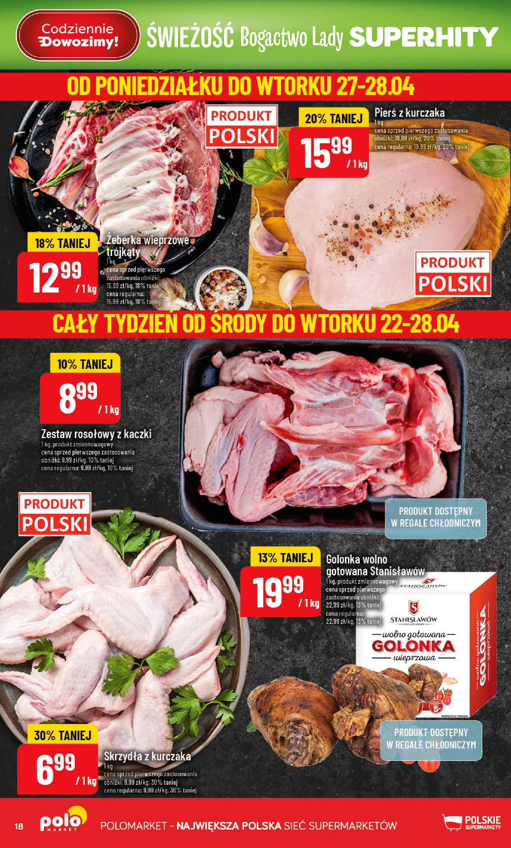 Nowa POLOmarket gazetka od jutra 22.04.2026 | Strona: 18 | Produkty: Pierś z kurczaka, Golonka wieprzowa