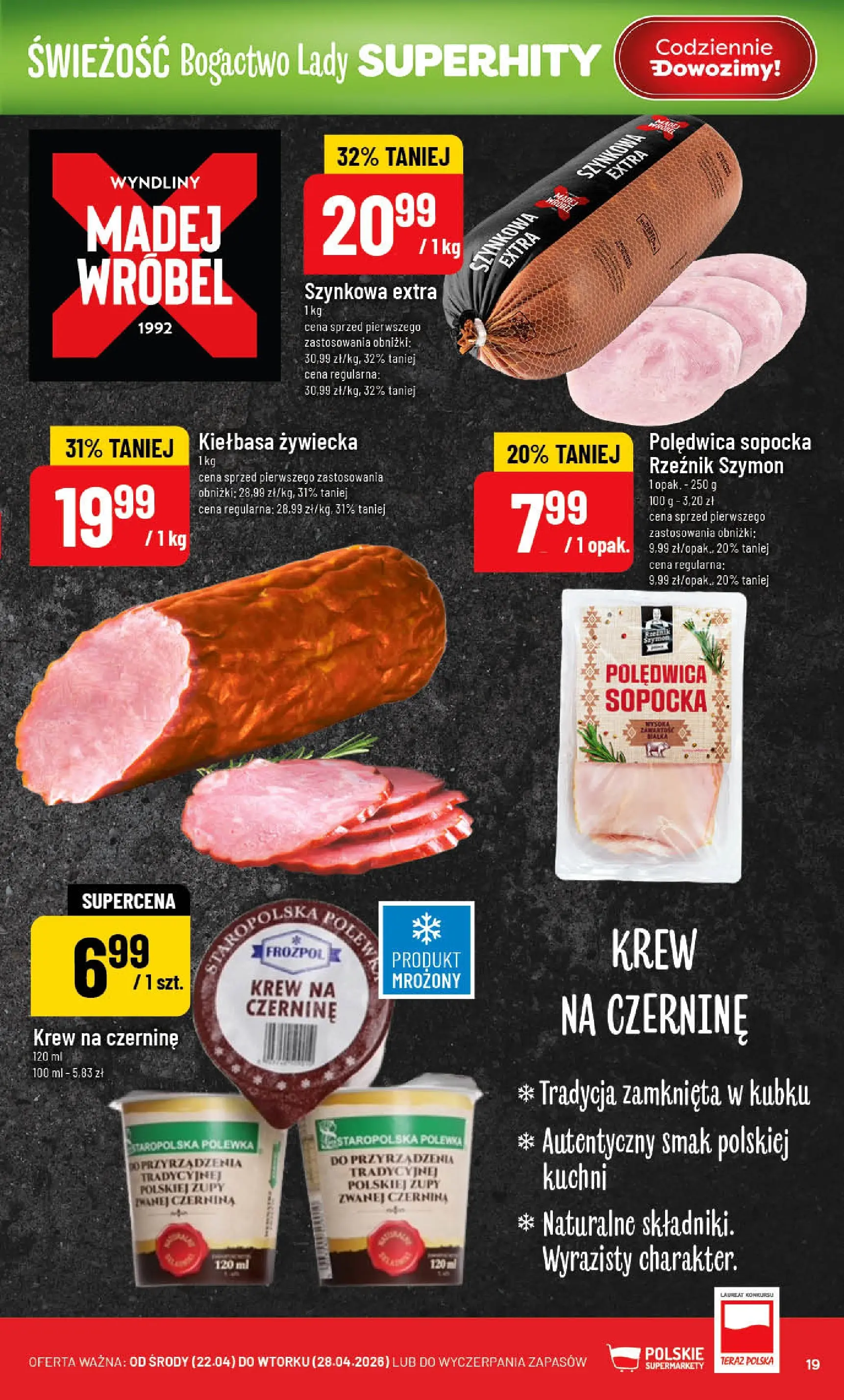 Nowa POLOmarket gazetka od jutra 22.04.2026 | Strona: 19 | Produkty: Kiełbasa