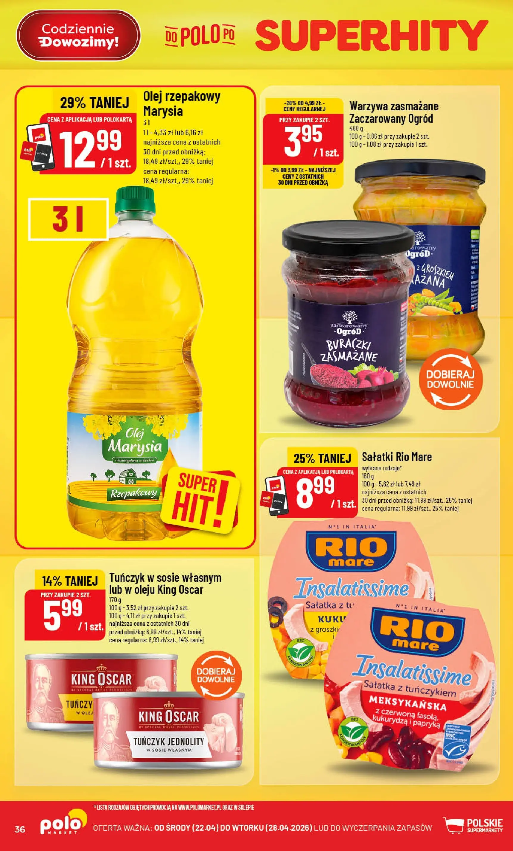 Nowa POLOmarket gazetka od jutra 22.04.2026 | Strona: 36 | Produkty: Tuńczyk w sosie własnym, Papryka, Olej, Buraczki zasmażane