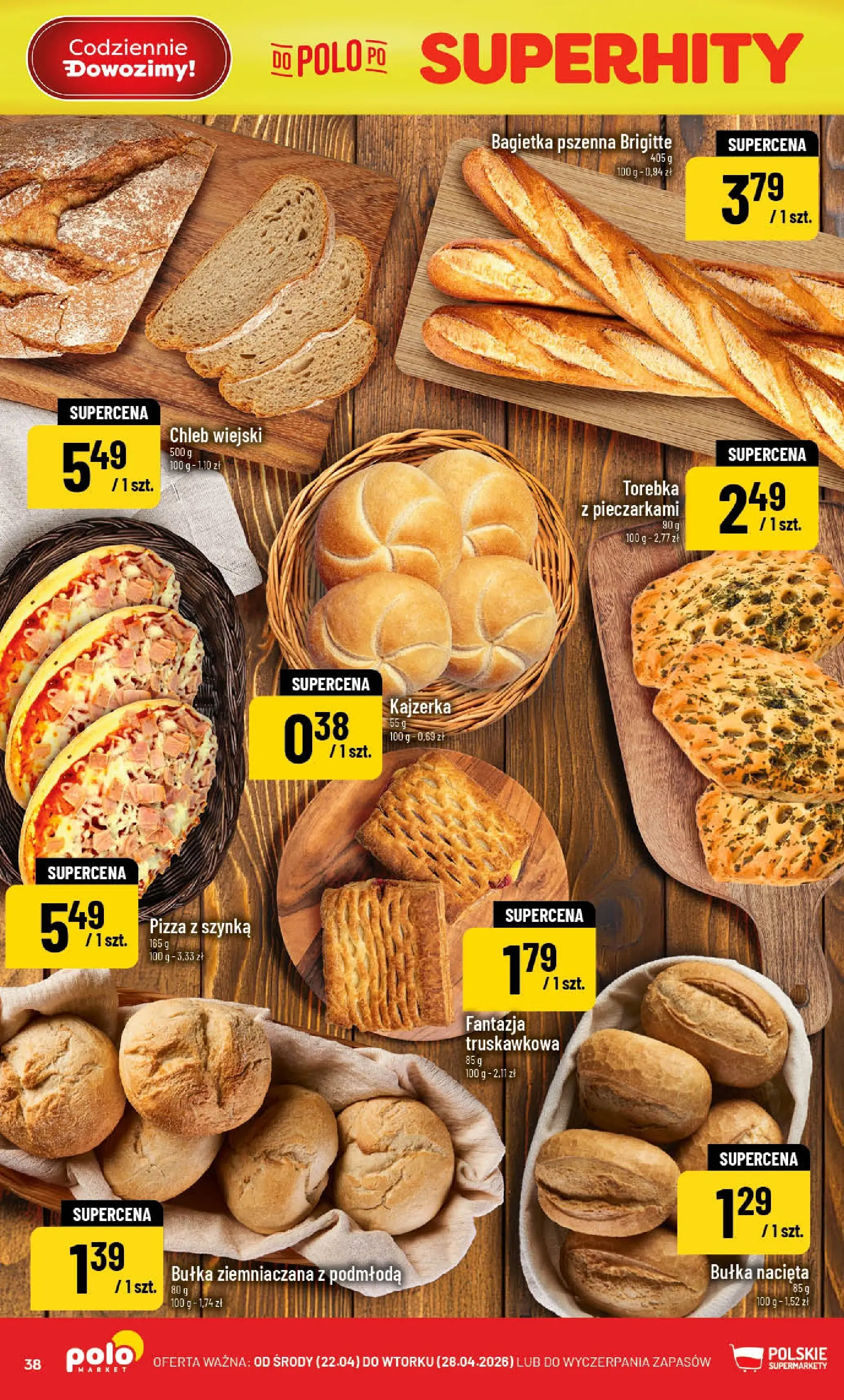 Nowa POLOmarket gazetka od jutra 22.04.2026 | Strona: 38 | Produkty: Torebka, Szynka, Bagietka, Pizza