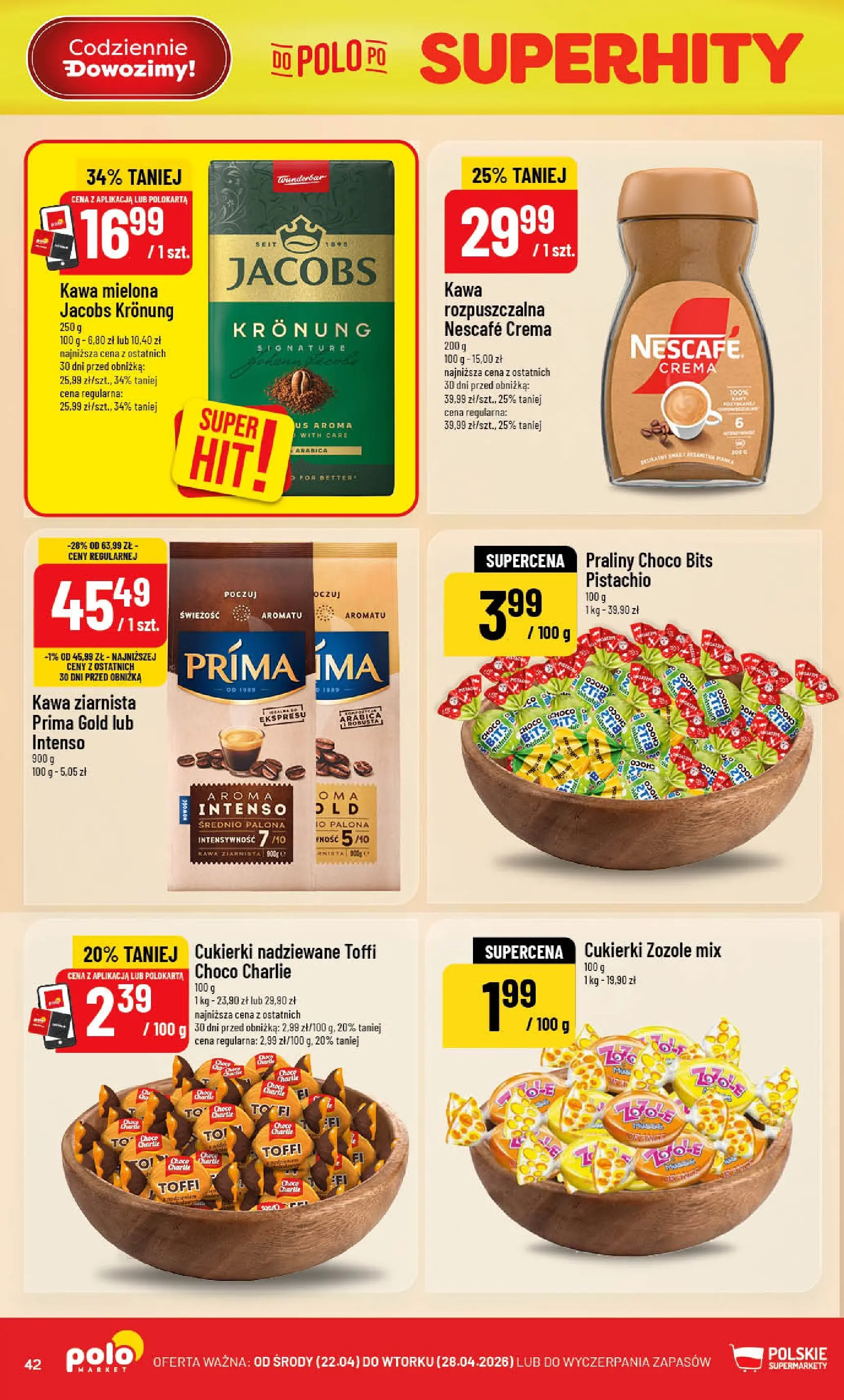Nowa POLOmarket gazetka od jutra 22.04.2026 | Strona: 42 | Produkty: Praliny, Nescafe, Kawa, Cukierki