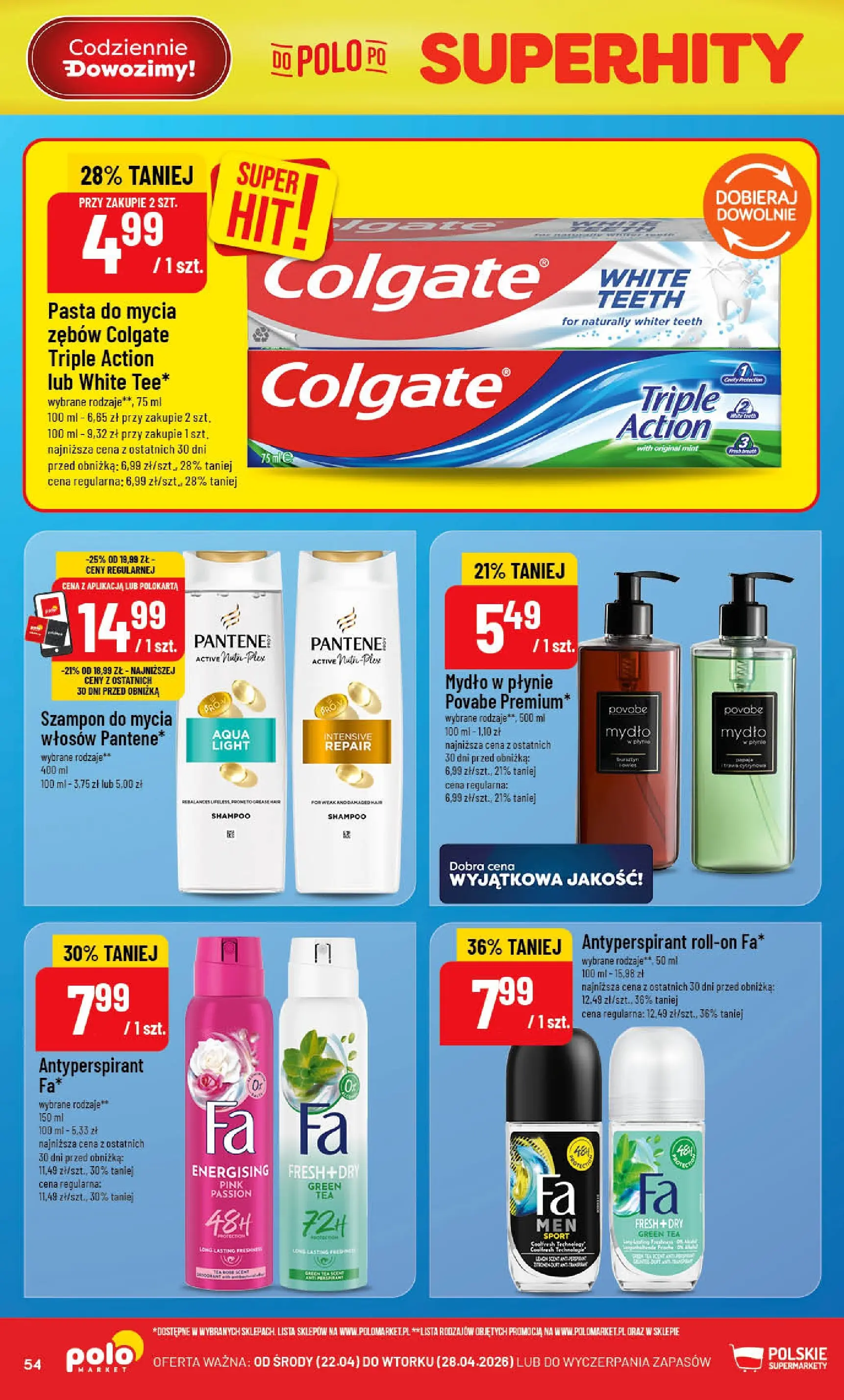 Nowa POLOmarket gazetka od jutra 22.04.2026 | Strona: 54 | Produkty: Mydło w płynie, Szampon, Mydło, Antyperspirant