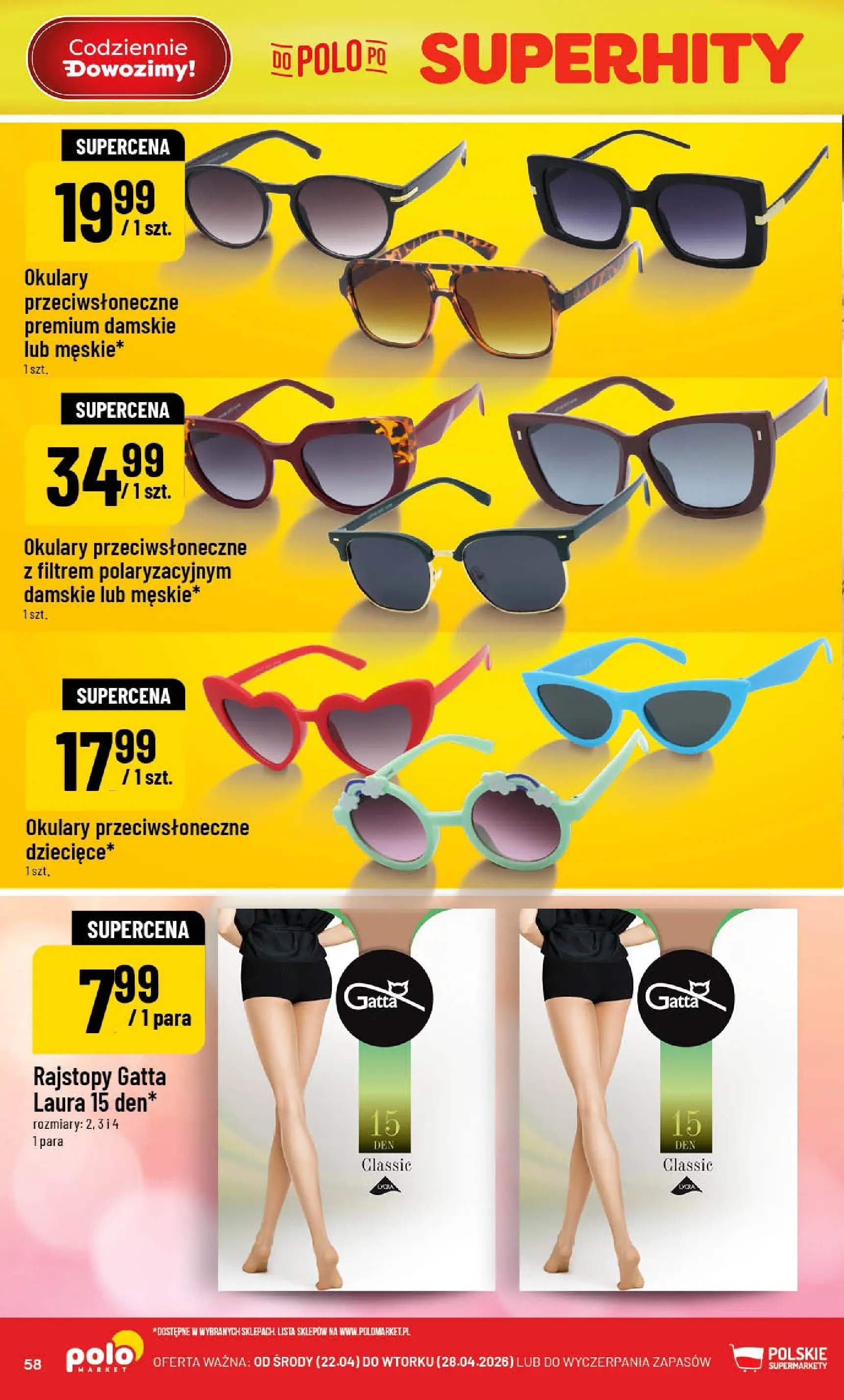 Nowa POLOmarket gazetka od jutra 22.04.2026 | Strona: 58 | Produkty: Okulary, Rajstopy, Gatta, Okulary przeciwsłoneczne