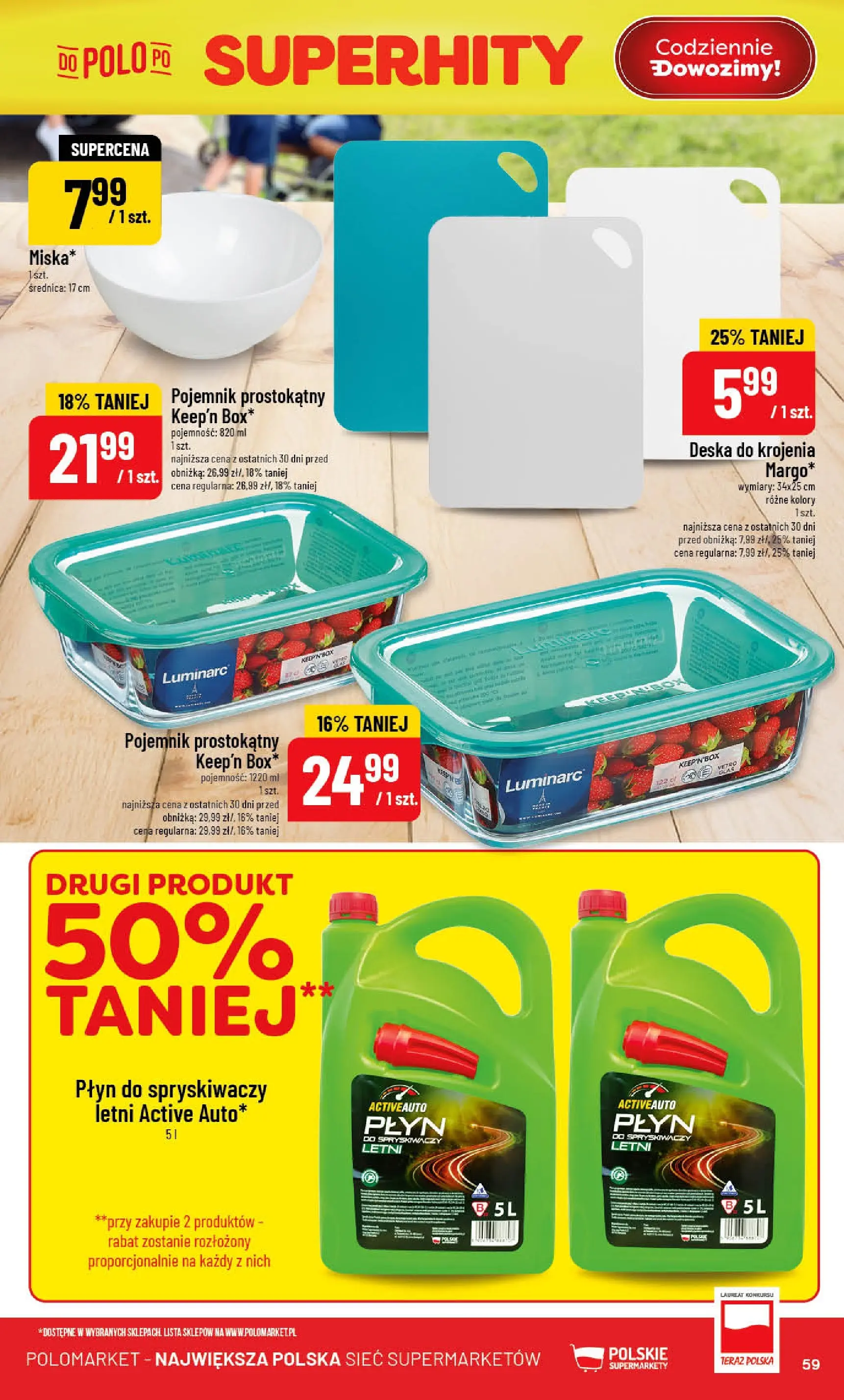 Nowa POLOmarket gazetka od jutra 22.04.2026 | Strona: 59 | Produkty: Płyn do spryskiwaczy letni, Płyn do spryskiwaczy, Deska do krojenia