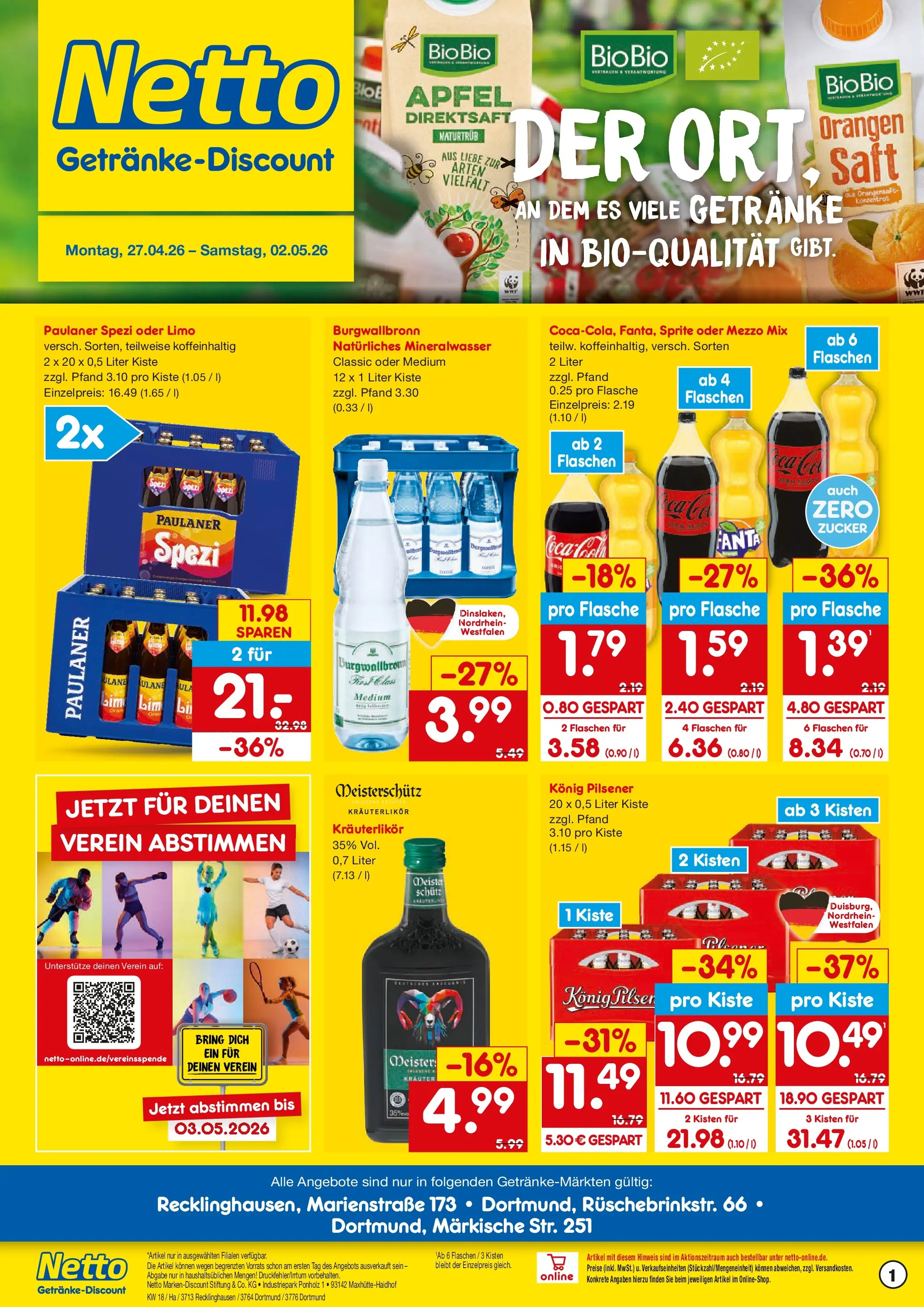 Netto Marken-Discount Prospekt Dortmund	 (ab 27.04.2026) » Angebote | Seite: 1 | Produkte: Konig pilsener, Äpfel, Oder mezzo mix, Paulaner