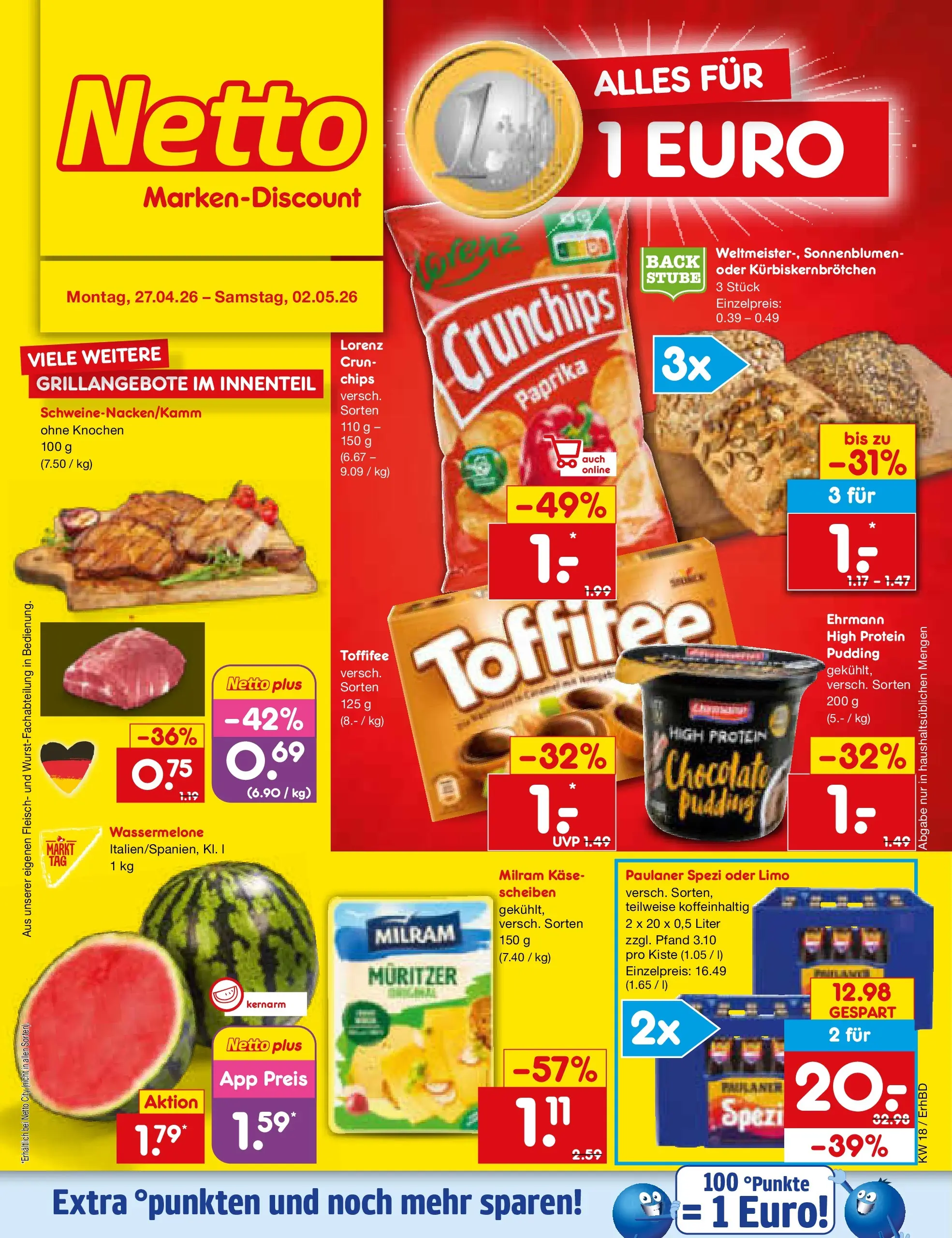 Netto Marken-Discount Prospekt Velden	 (ab 29.04.2026) » Angebote | Seite: 16 | Produkte: Käse, Pudding, Wassermelone, Chips