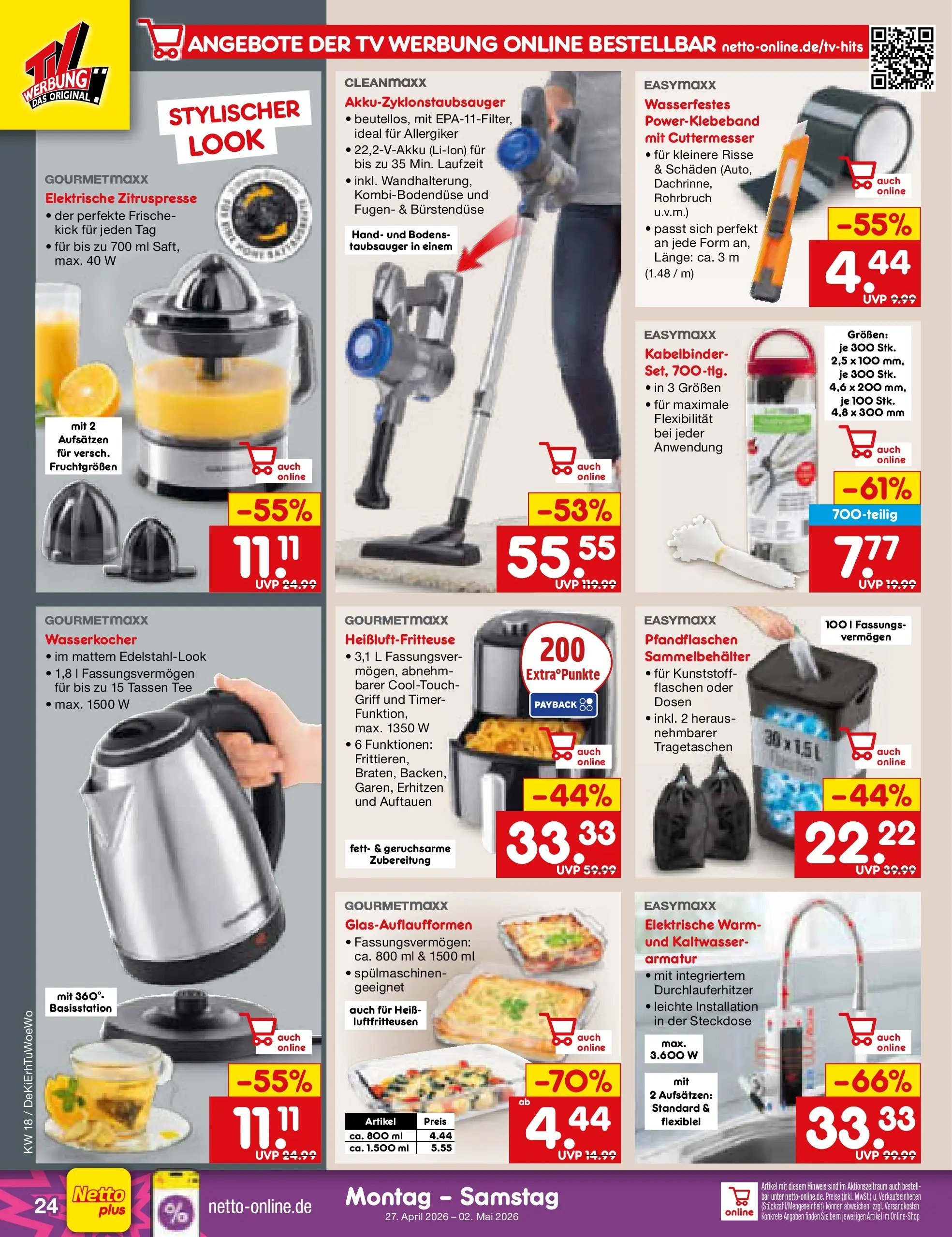 Netto Marken-Discount Prospekt Velden	 (ab 29.04.2026) » Angebote | Seite: 45 | Produkte: Wasserkocher, Steckdose, Tee, TV