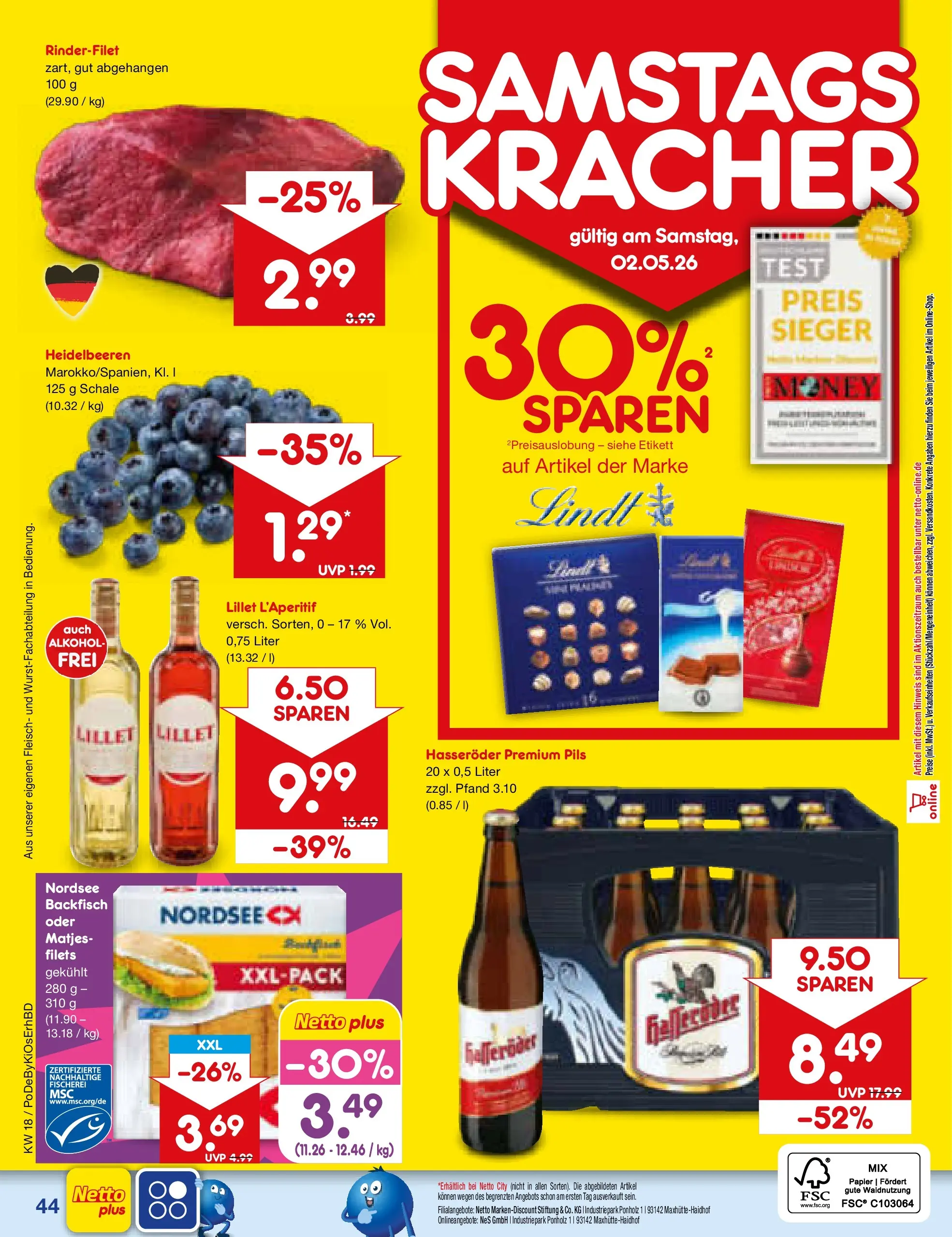 Netto Marken-Discount Prospekt Velden	 (ab 29.04.2026) » Angebote | Seite: 15 | Produkte: Rinderfilet, Pils, Lillet, Heidelbeeren