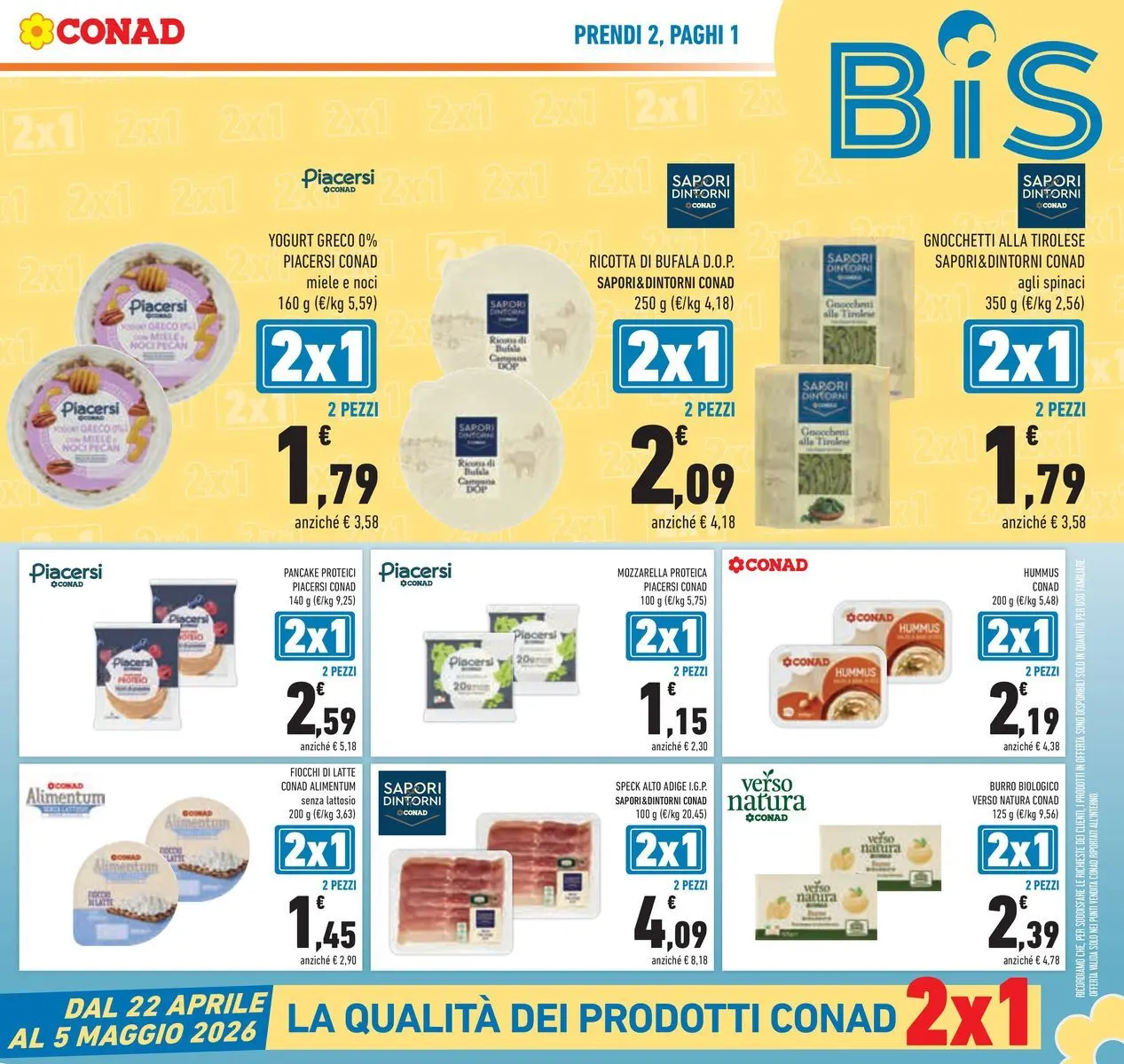 Volantino Conad dal 22/04/2026 > Anteprima | Pagina: 3 | Prodotti: Speck, Fiocchi di latte, Burro, Gnocchetti