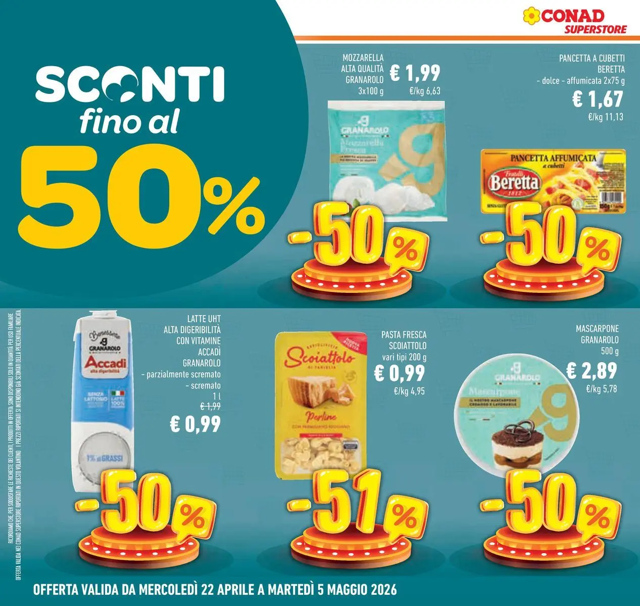 Volantino Conad dal 22/04/2026 > Anteprima | Pagina: 2 | Prodotti: Pancetta, Latte, Pasta, Mascarpone