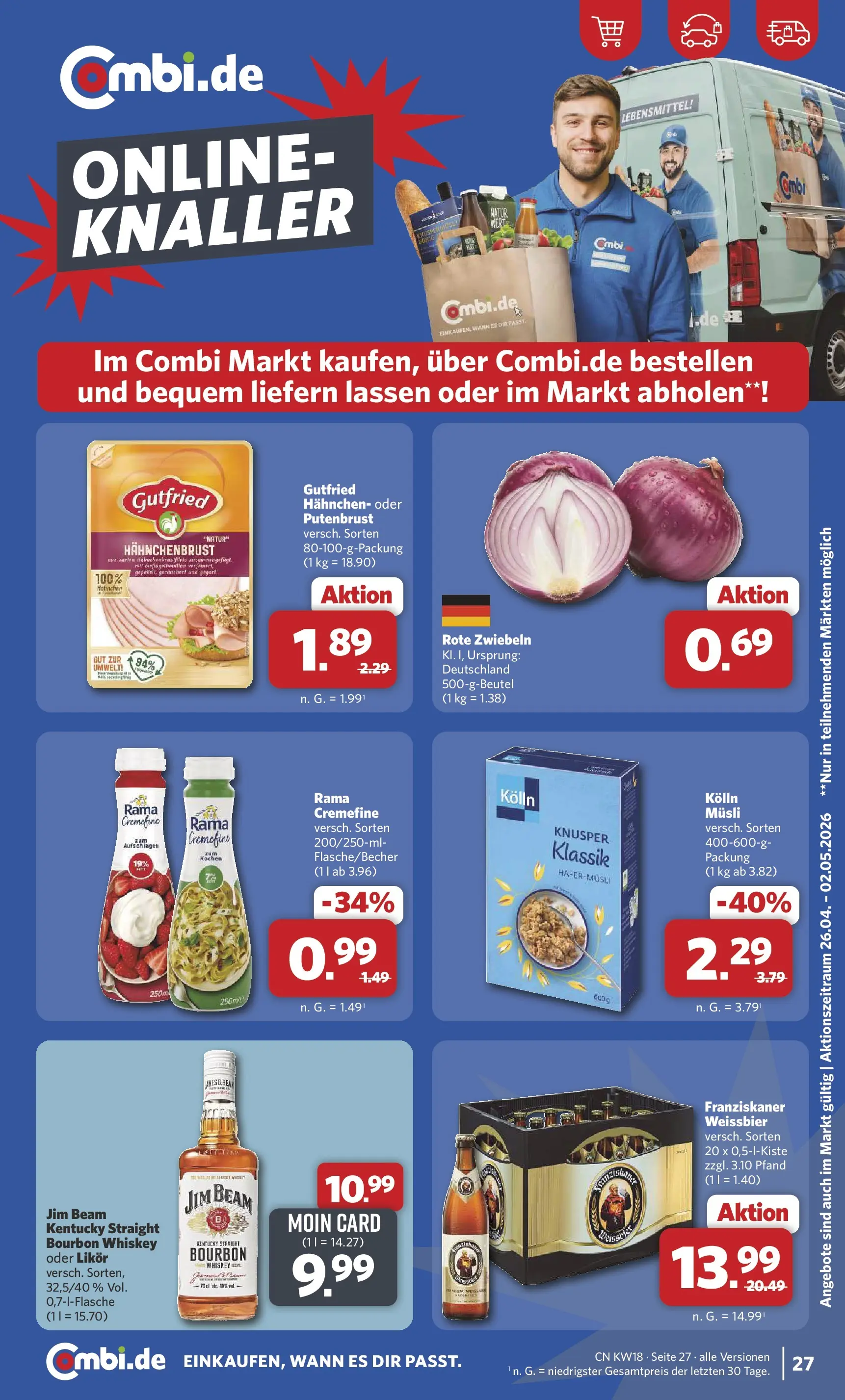 Combi Prospekt Hille  (ab 27.04.2026) zum Blättern | Seite: 28 | Produkte: Jim beam, Franziskaner, Rama cremefine, Whiskey