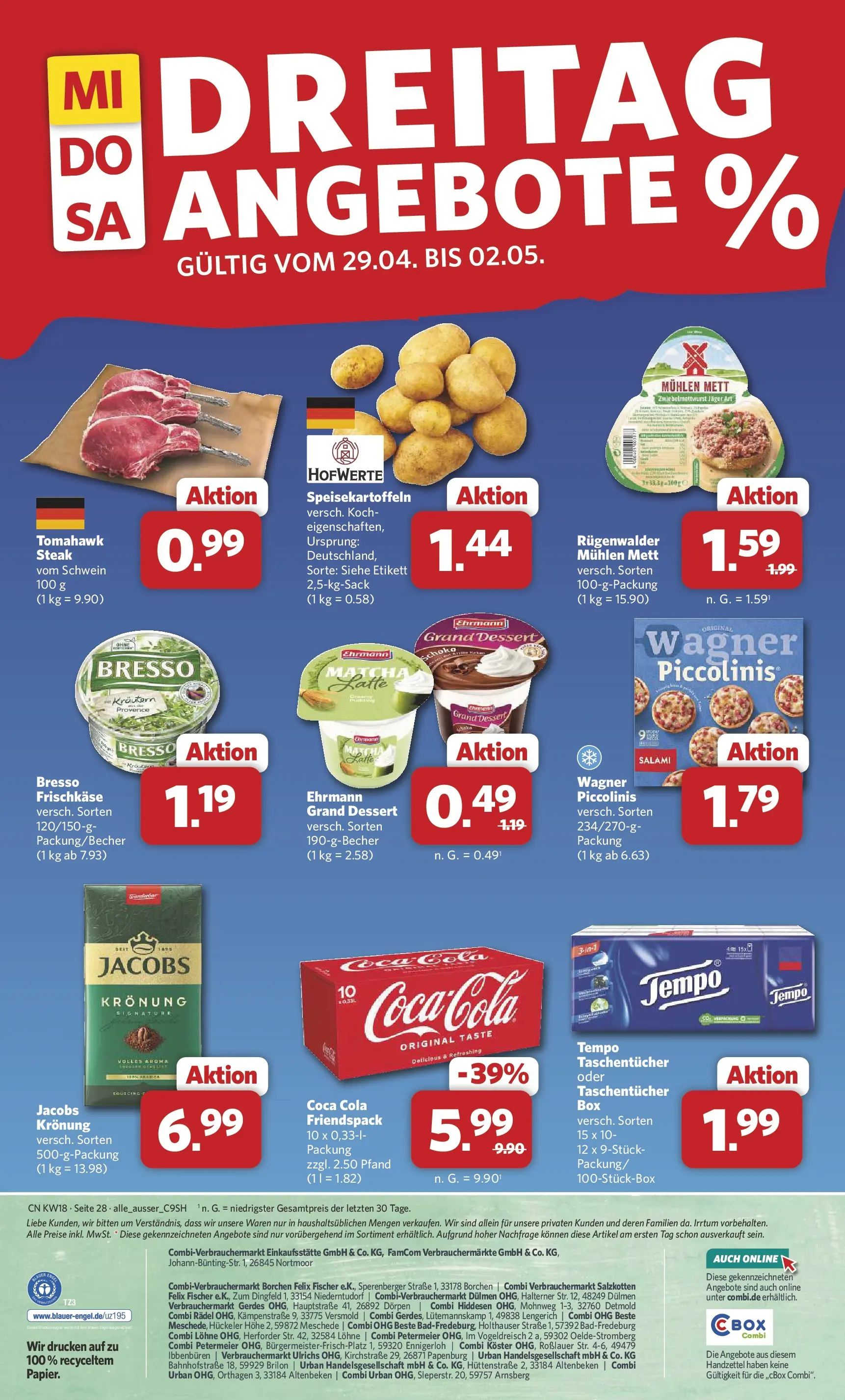 Combi Prospekt Hille  (ab 27.04.2026) zum Blättern | Seite: 29 | Produkte: Bresso, Piccolinis, Steak, Frischkase