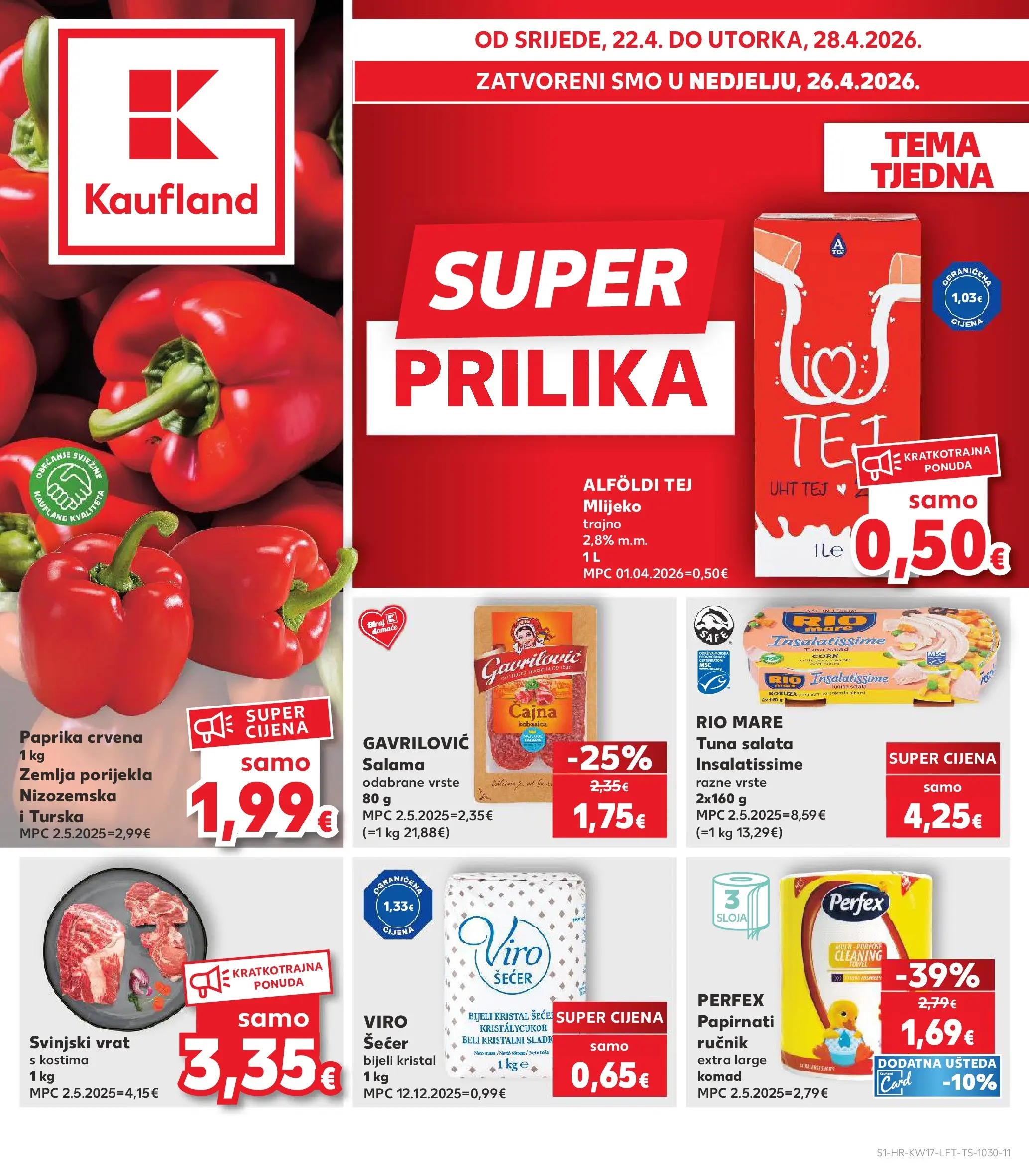 Kaufland - Kaufland katalog do 28.04.2026 novi od 21.04.2026 na listanje > letak digitalni | Stranica: 1 | Proizvodi: Svinjski vrat, Rio Mare, Mlijeko, Tuna