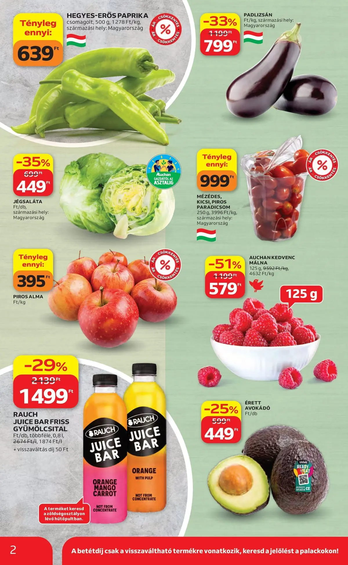 Auchan akciós újság Szolnok - 2026.04.23. -tól/töl > akció, lapozható szórólap 🛍️ | Oldal: 2 | Termékek: Padlizsán, Jégsaláta, Alma, Avokádó