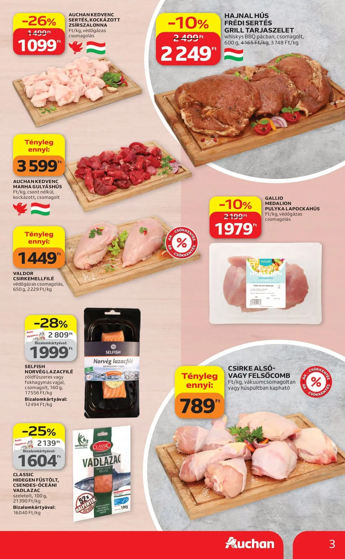 Auchan akciós újság Szolnok - 2026.04.23. -tól/töl > akció, lapozható szórólap 🛍️ | Oldal: 3 | Termékek: Hús, Grill, Lazacfilé