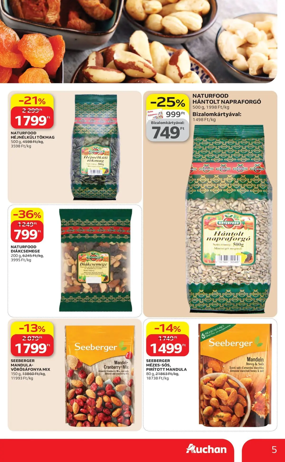 Auchan akciós újság Szolnok - 2026.04.23. -tól/töl > akció, lapozható szórólap 🛍️ | Oldal: 5 | Termékek: Diákcsemege, Mandula