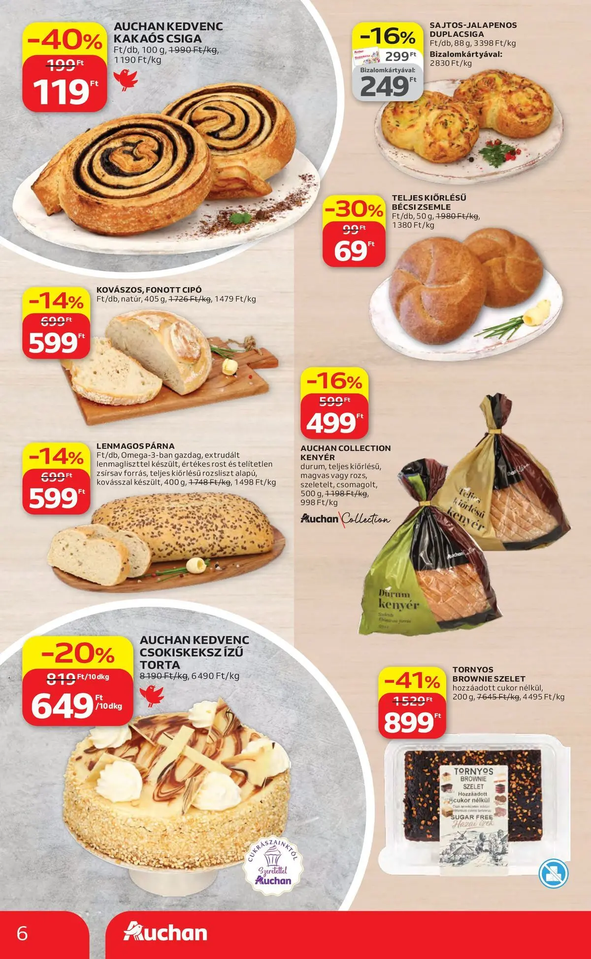 Auchan akciós újság Szolnok - 2026.04.23. -tól/töl > akció, lapozható szórólap 🛍️ | Oldal: 6 | Termékek: Torta, Párna, Kakaós csiga, Cukor