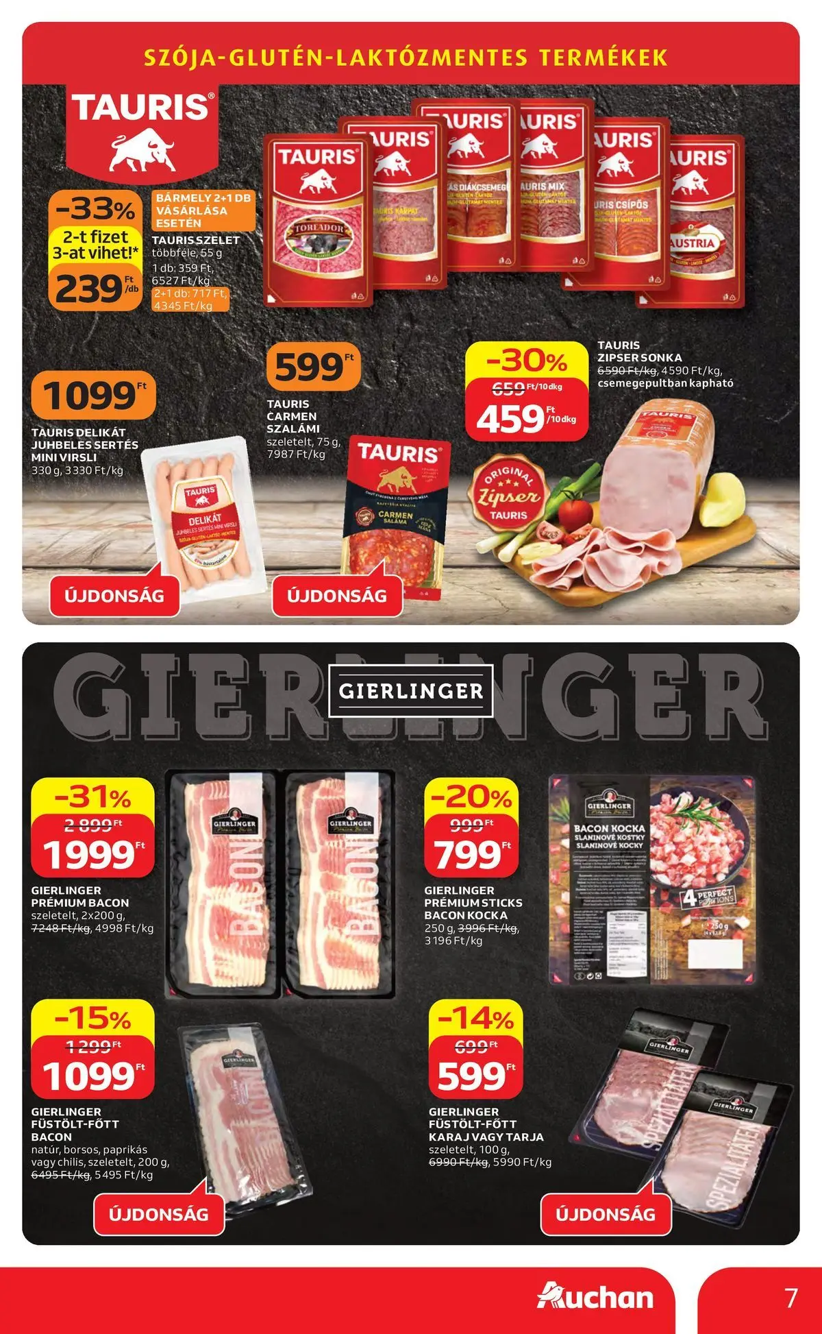 Auchan akciós újság Szolnok - 2026.04.23. -tól/töl > akció, lapozható szórólap 🛍️ | Oldal: 7 | Termékek: Virsli, Sonka, Bacon, Szalámi